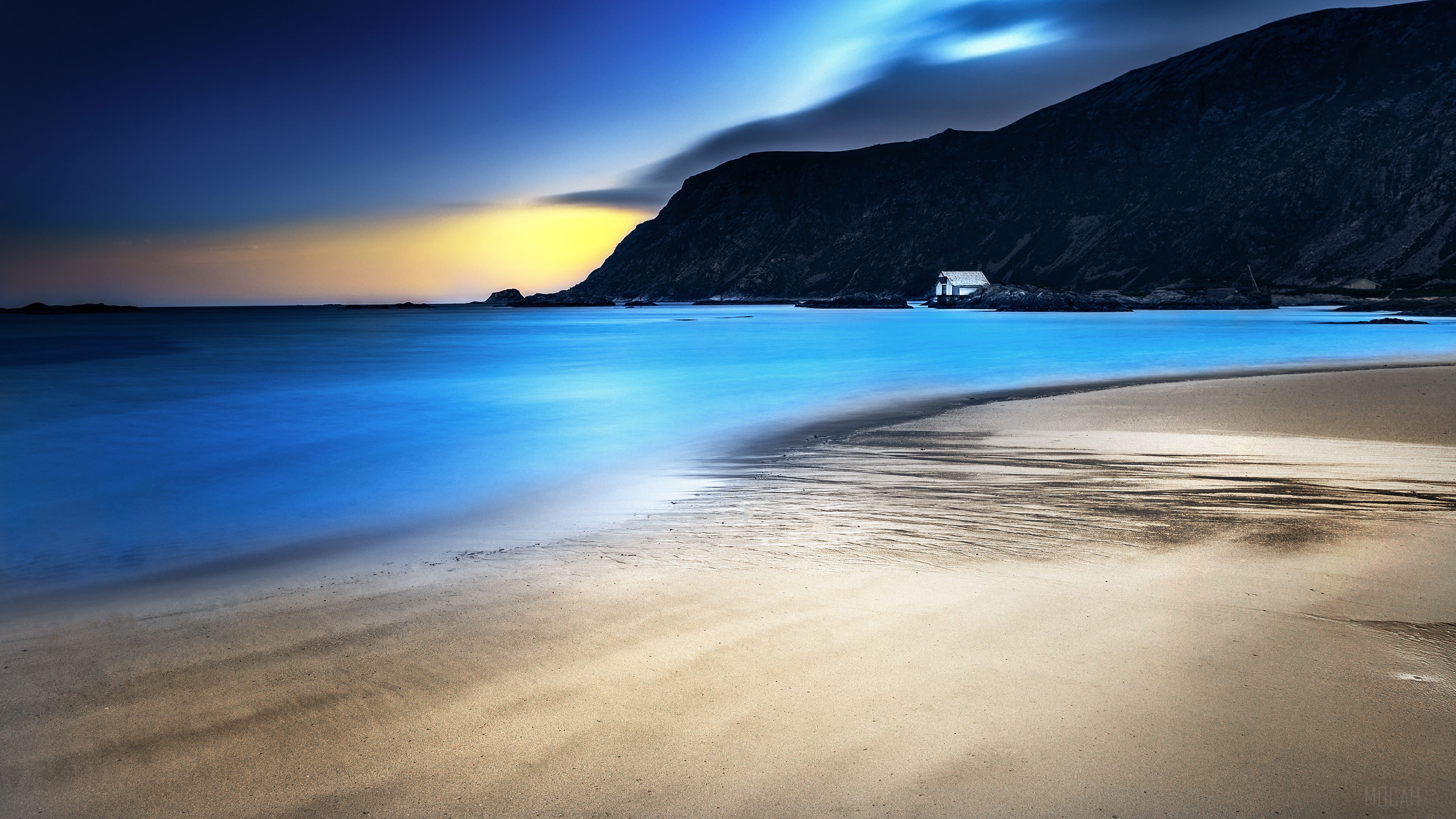 Night beach with a small house HD Wallpaper