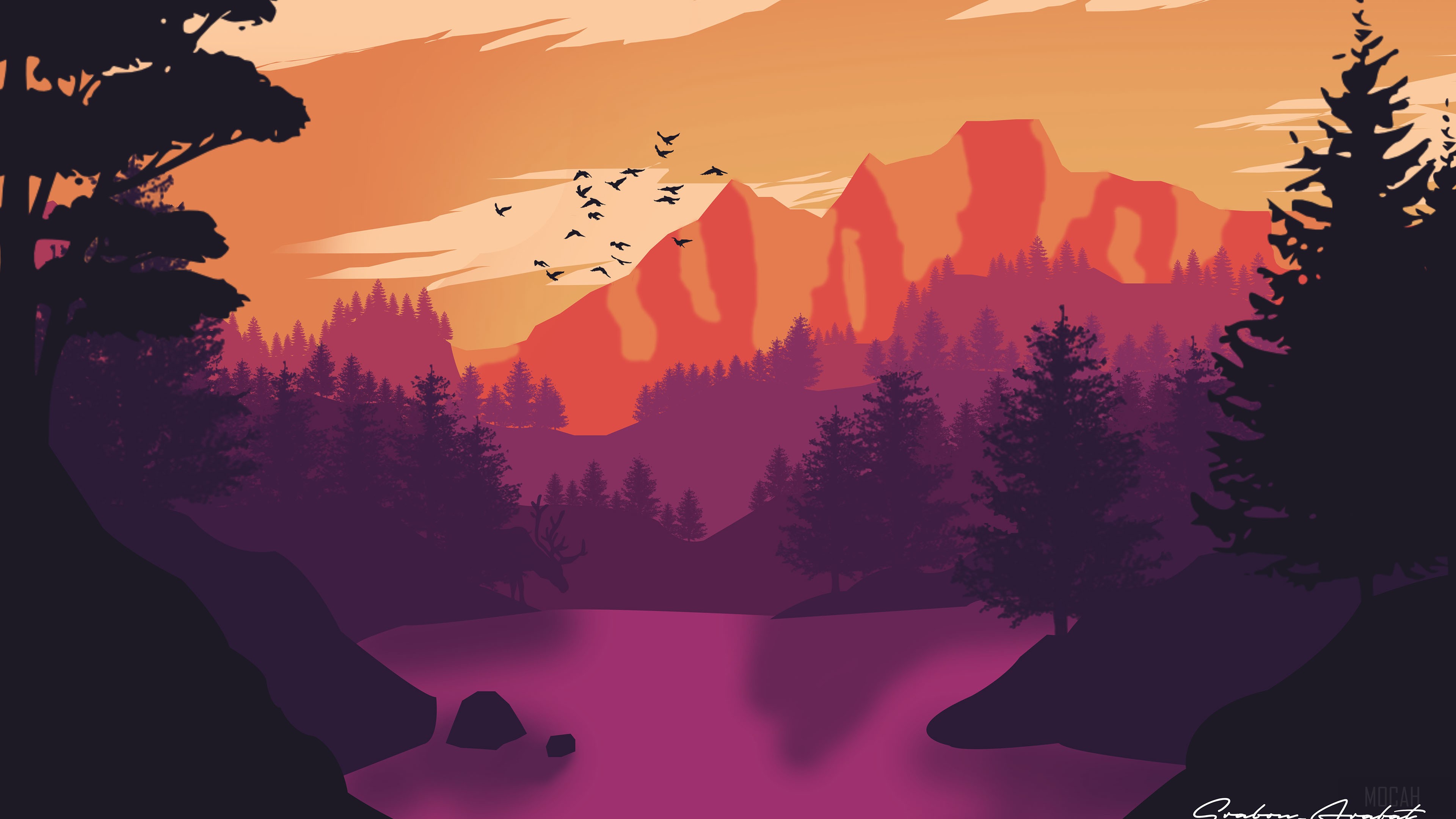 Minimalist Mountain Landscape with Birds and Lake 4K HD Wallpaper