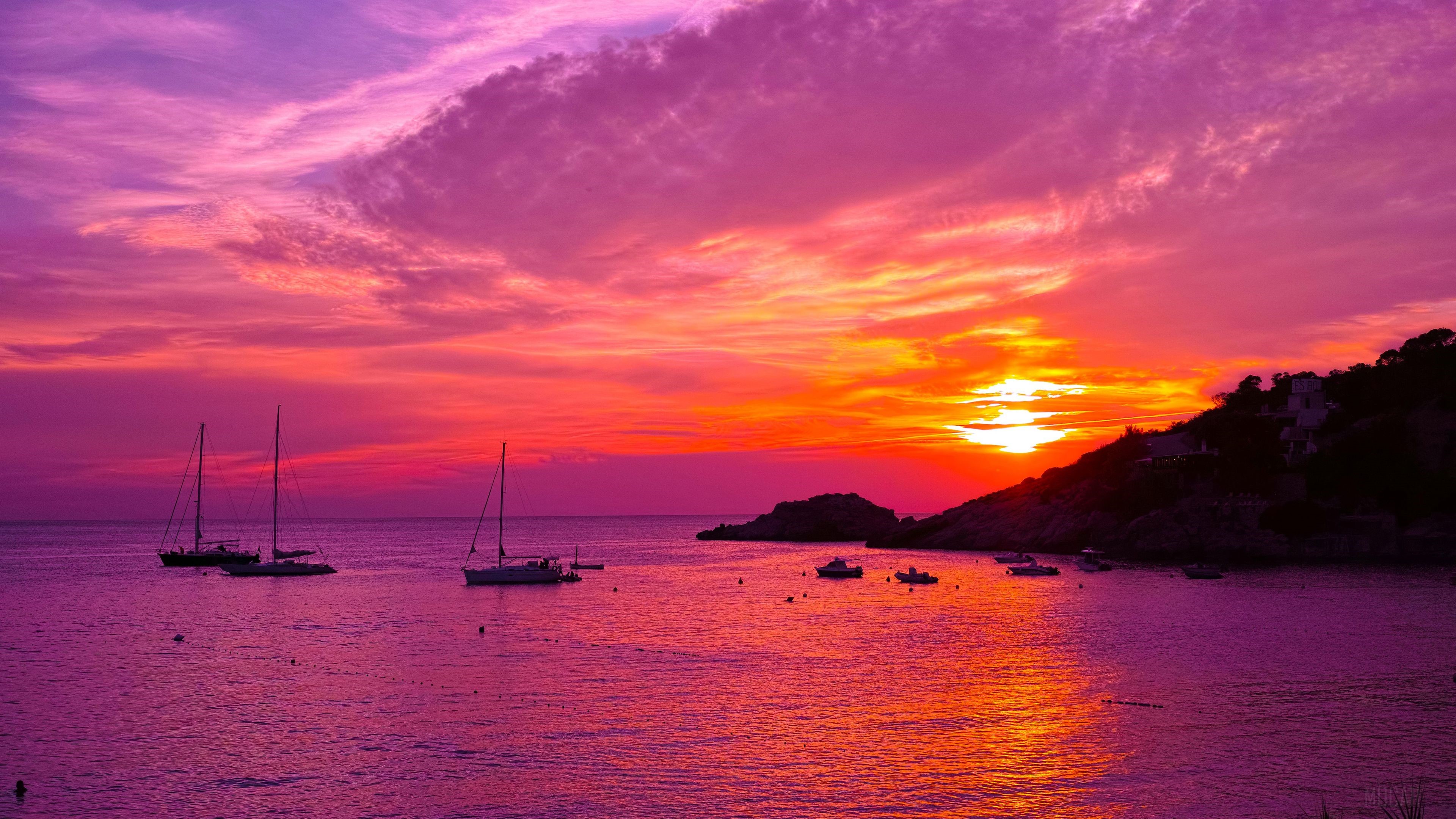 Ibiza Beach 4K Sunset with Sailboats HD Wallpaper