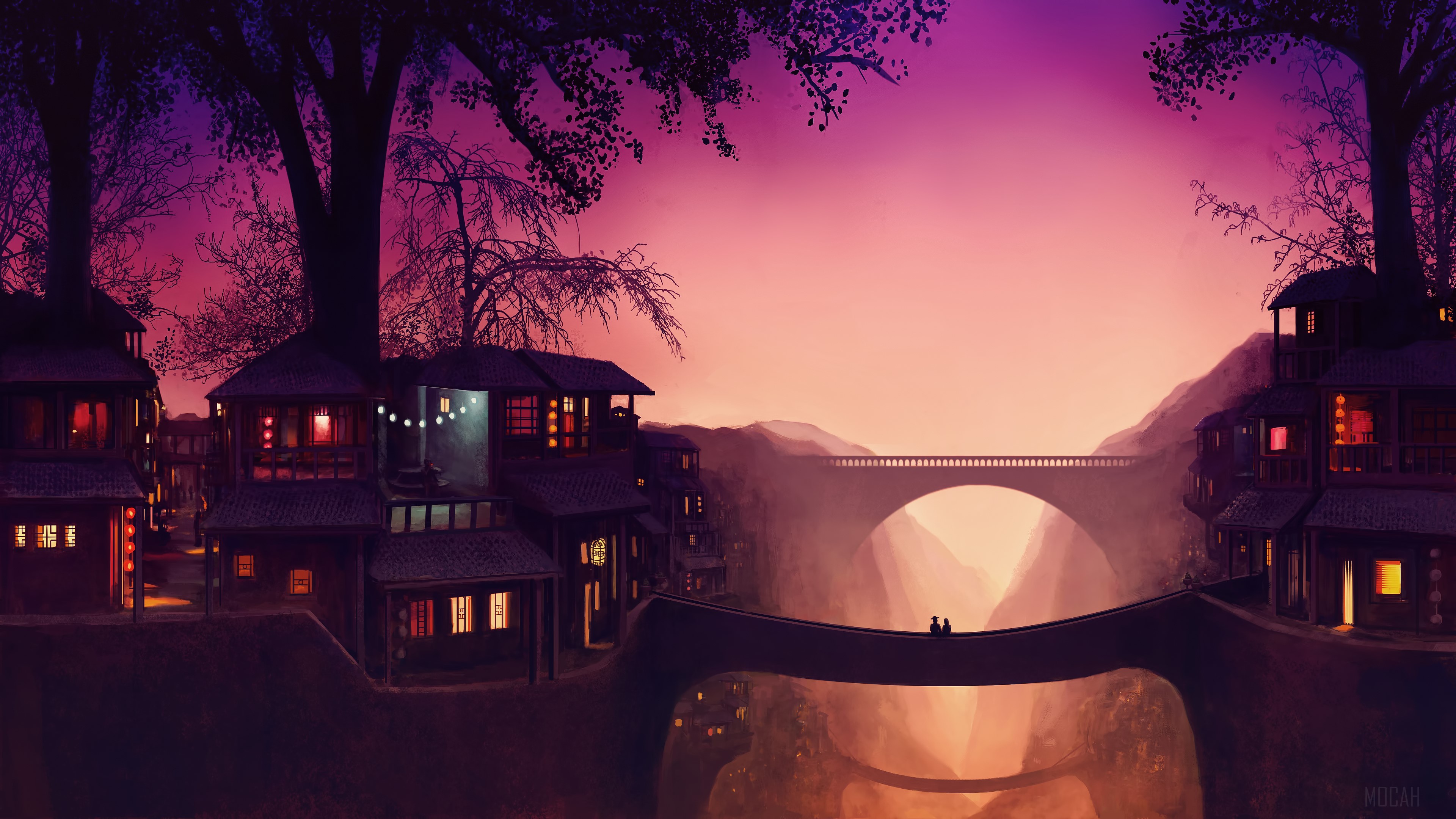 Couple on a bridge in a fantasy town at sunset 4K HD Wallpaper