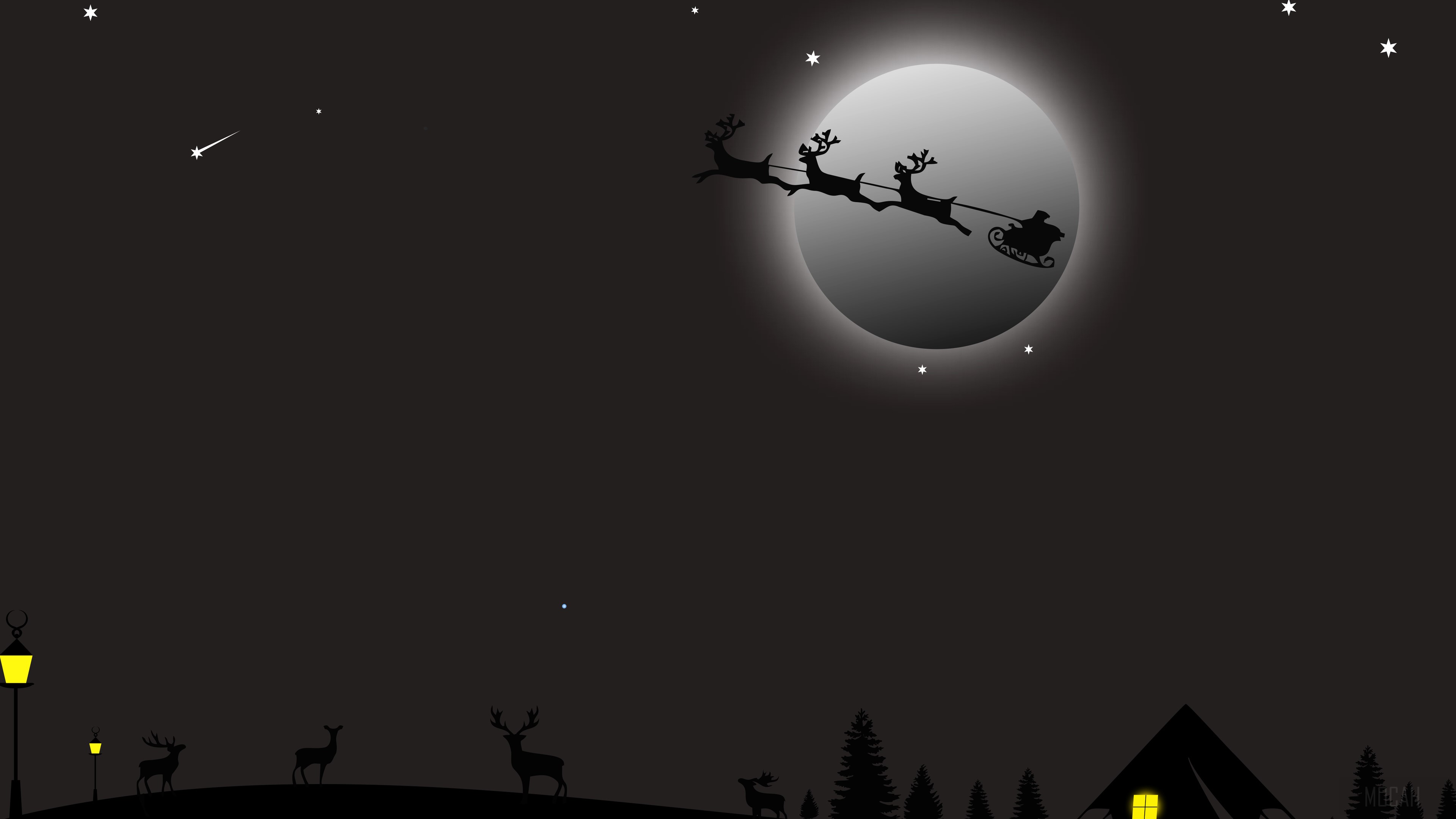 Santa Claus riding reindeer in the night sky 4K HD Wallpaper