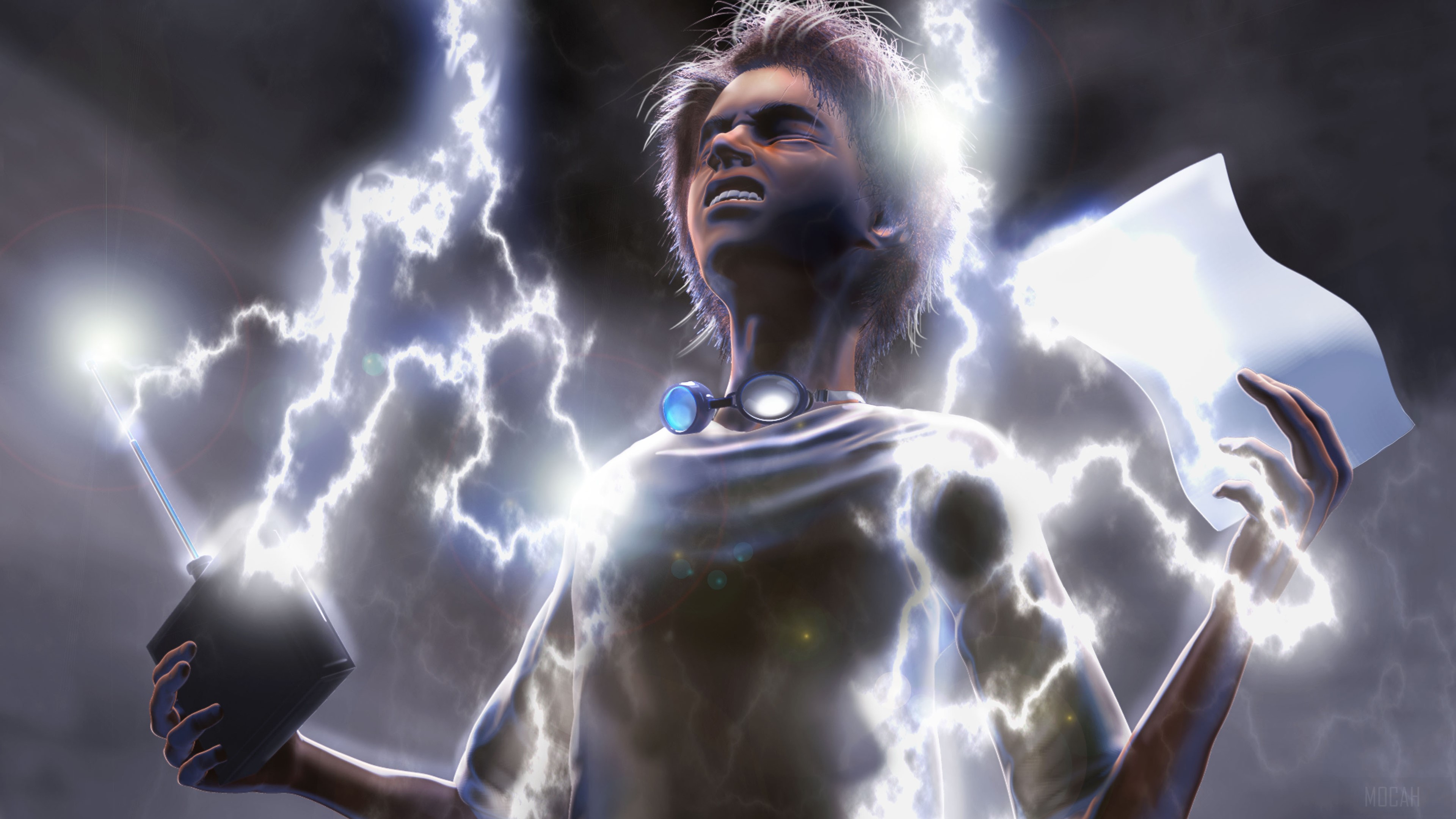 Man struck by lightning holding a device and paper HD Wallpaper