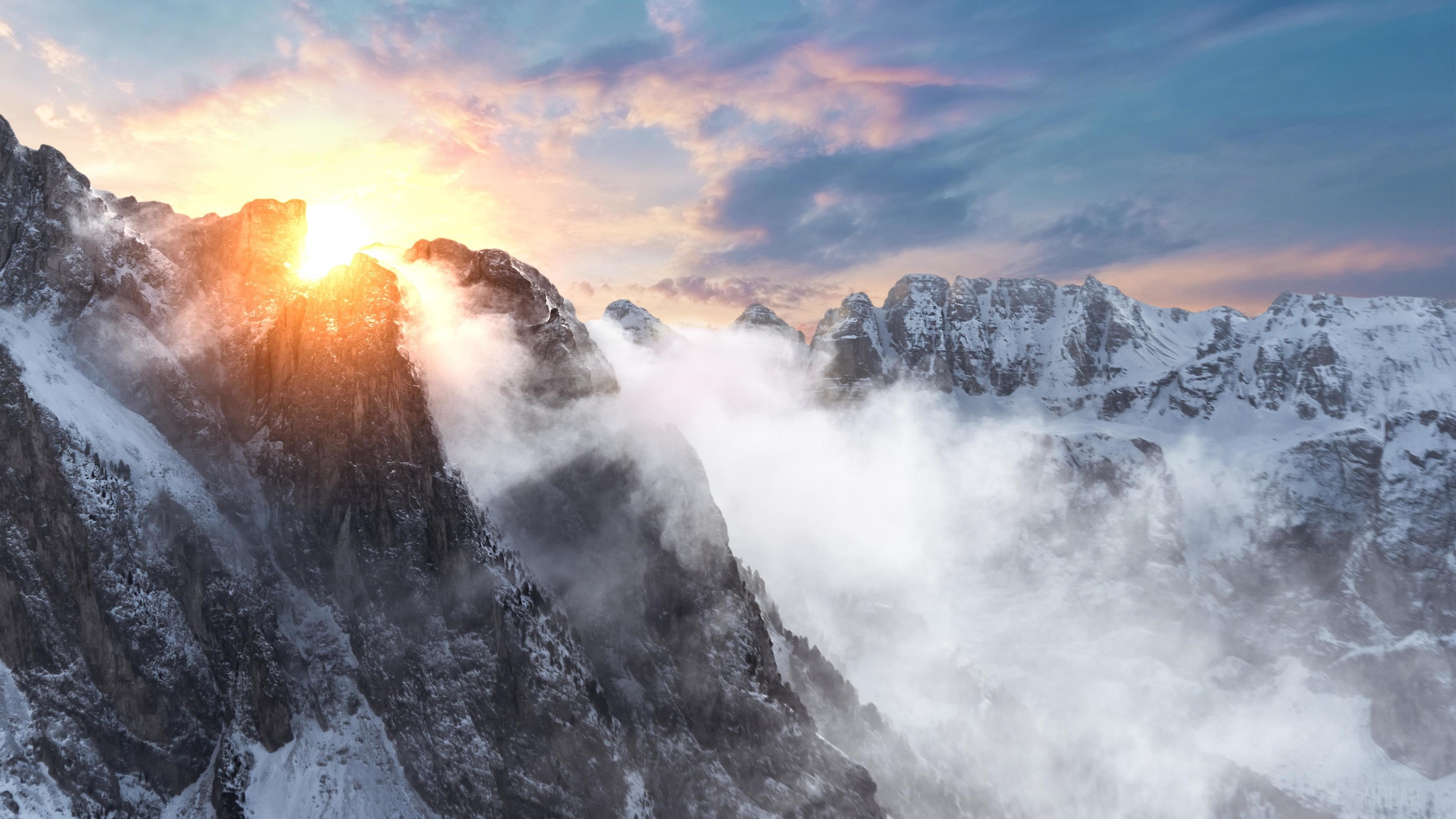 Sunrise over snow-covered Dolomites mountains HD Wallpaper