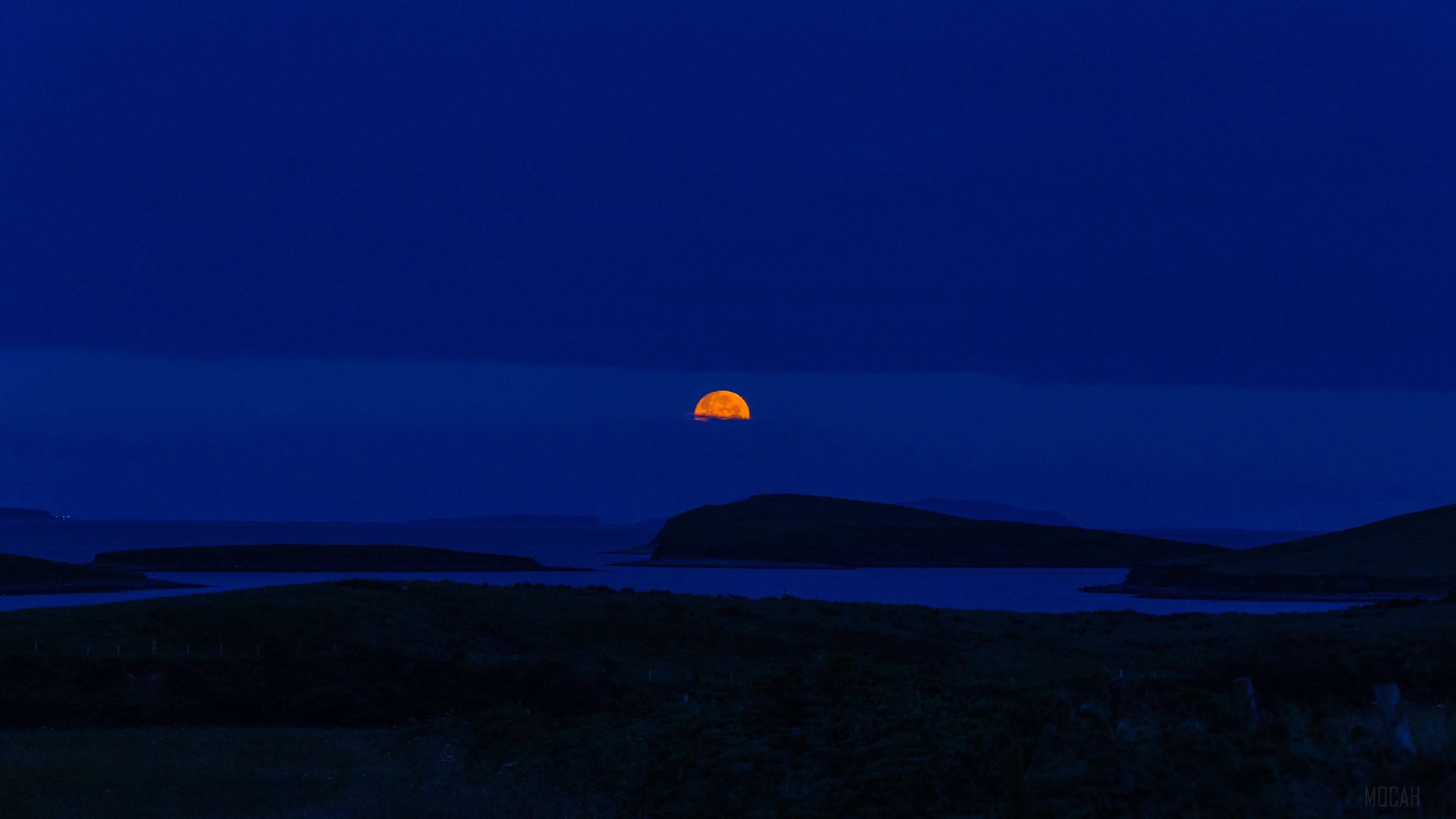 Orange Moon Over Water and Islands HD Wallpaper
