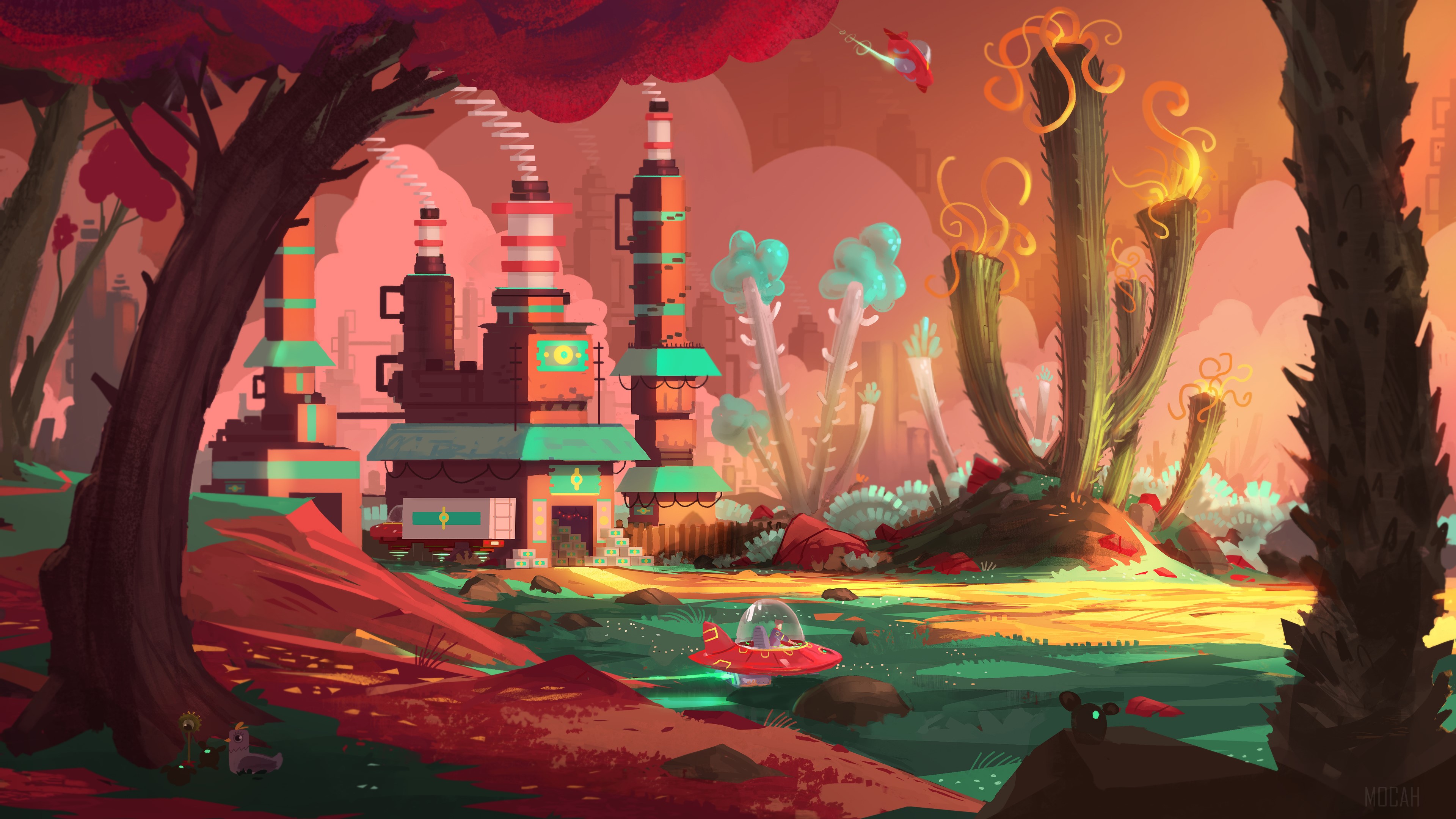 Colorful Factory on Alien Planet with Spaceship HD Wallpaper