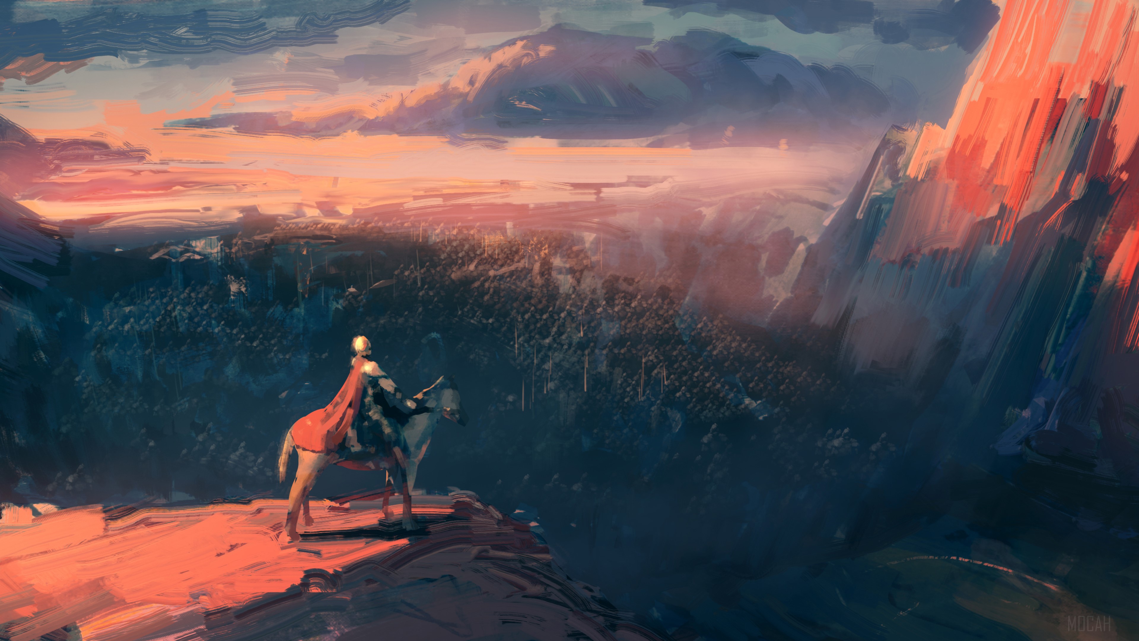 Warrior on horseback overlooking a valley at sunset HD Wallpaper