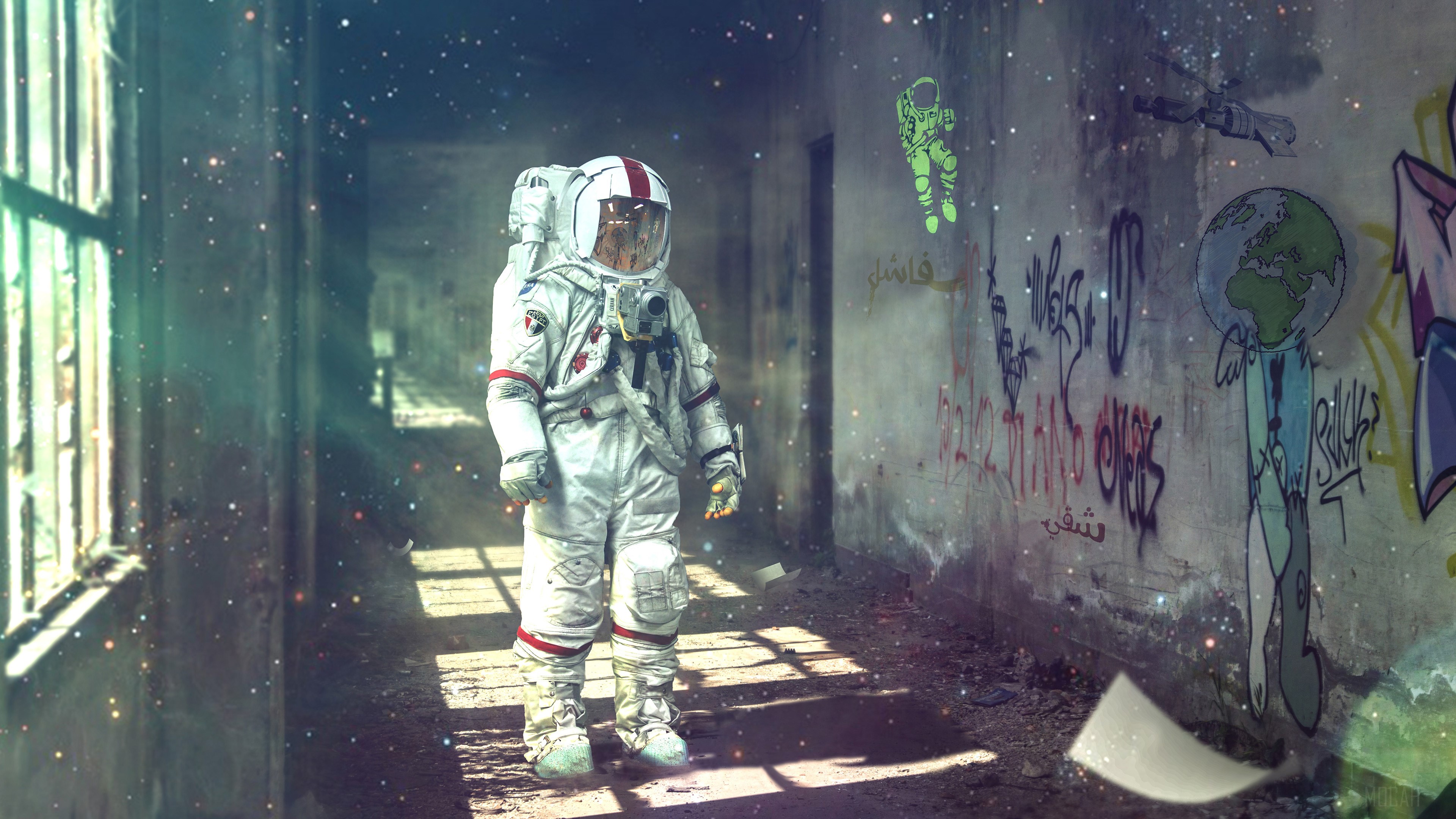 Astronaut in abandoned hallway with graffiti HD Wallpaper