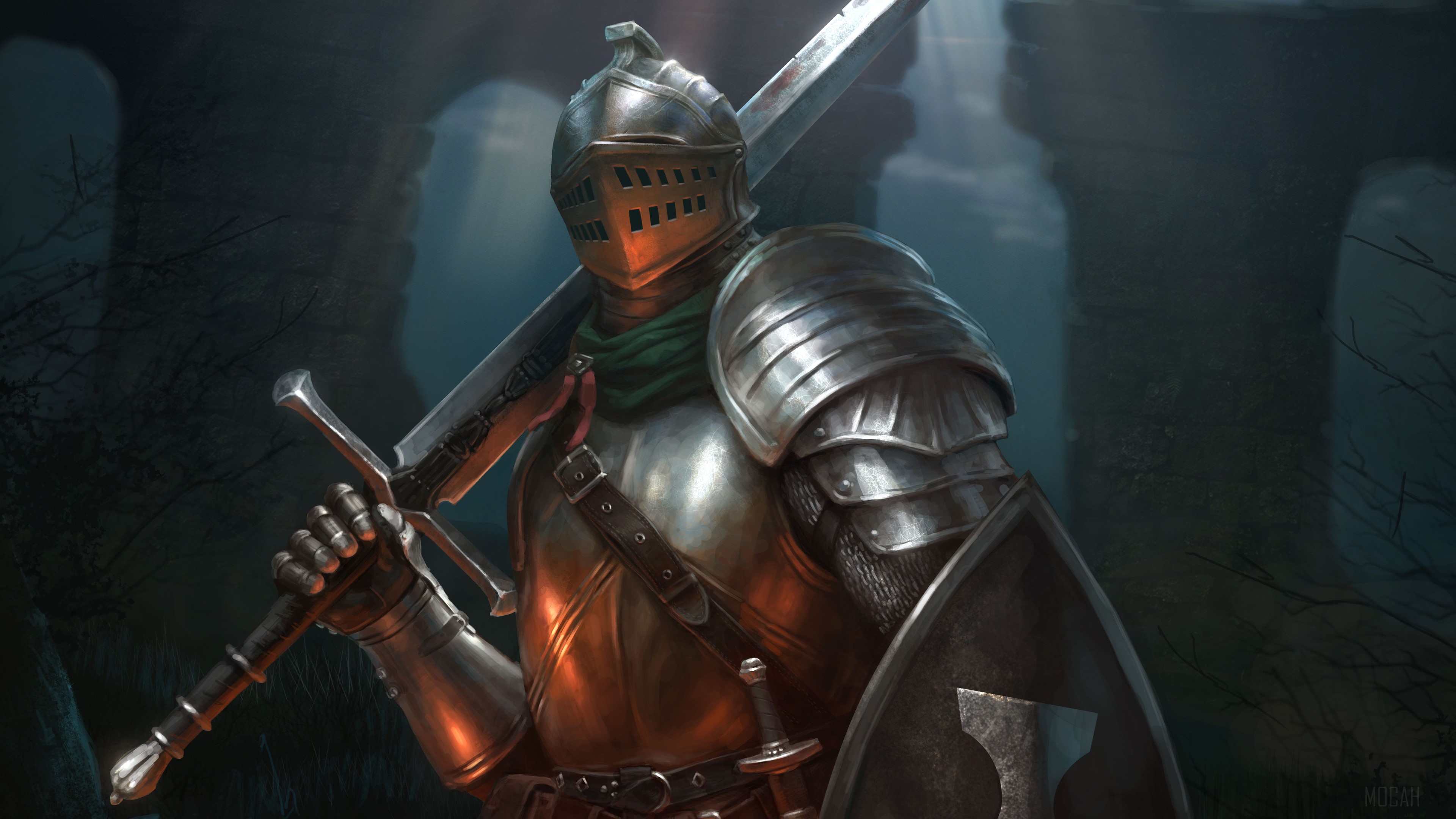 Knight in Metal Armor with Sword and Shield 4K HD Wallpaper