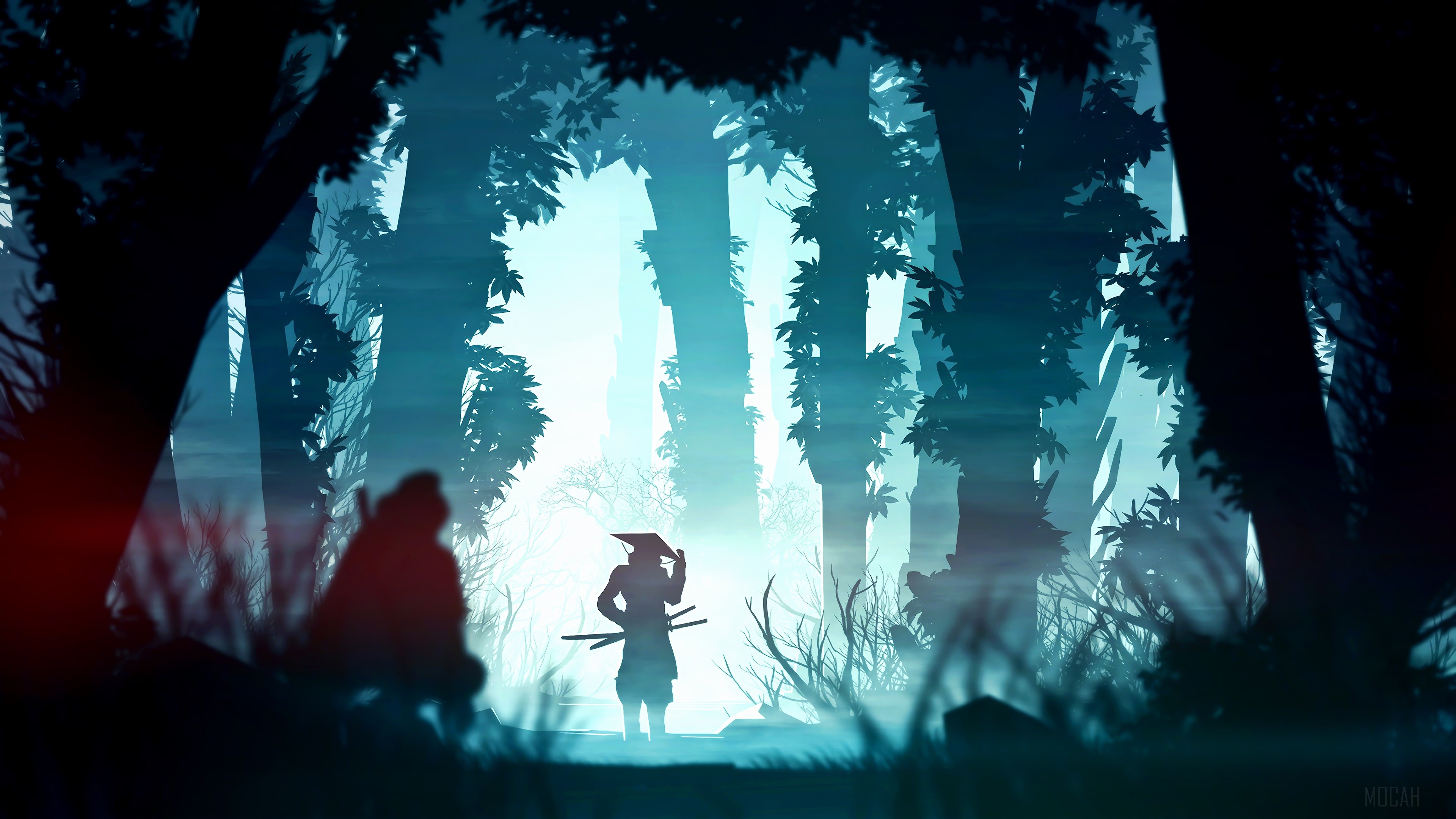 Samurai Silhouette in Mystical Forest 4k HD Wallpaper