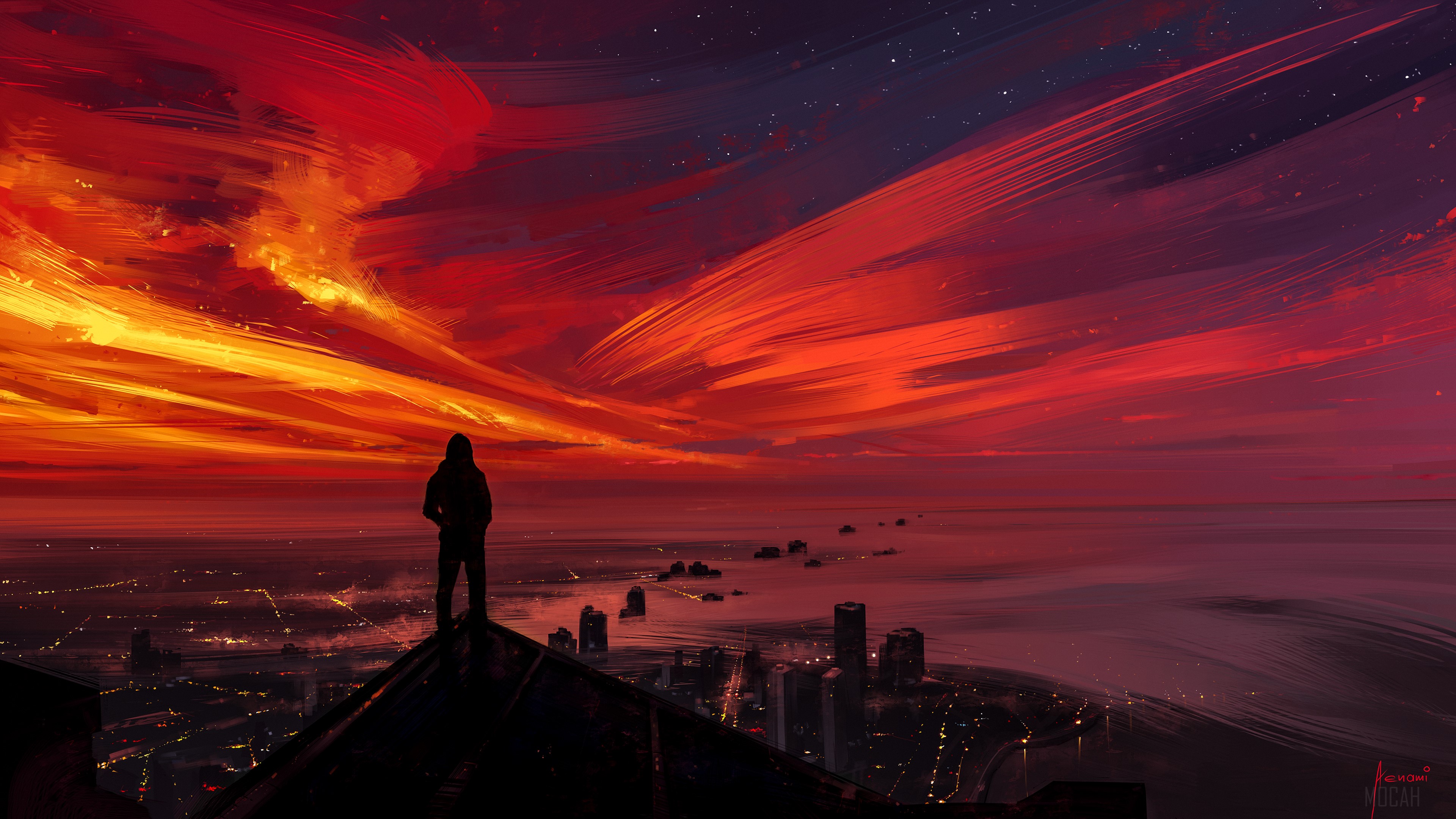 Man on rooftop overlooking city at sunset HD Wallpaper