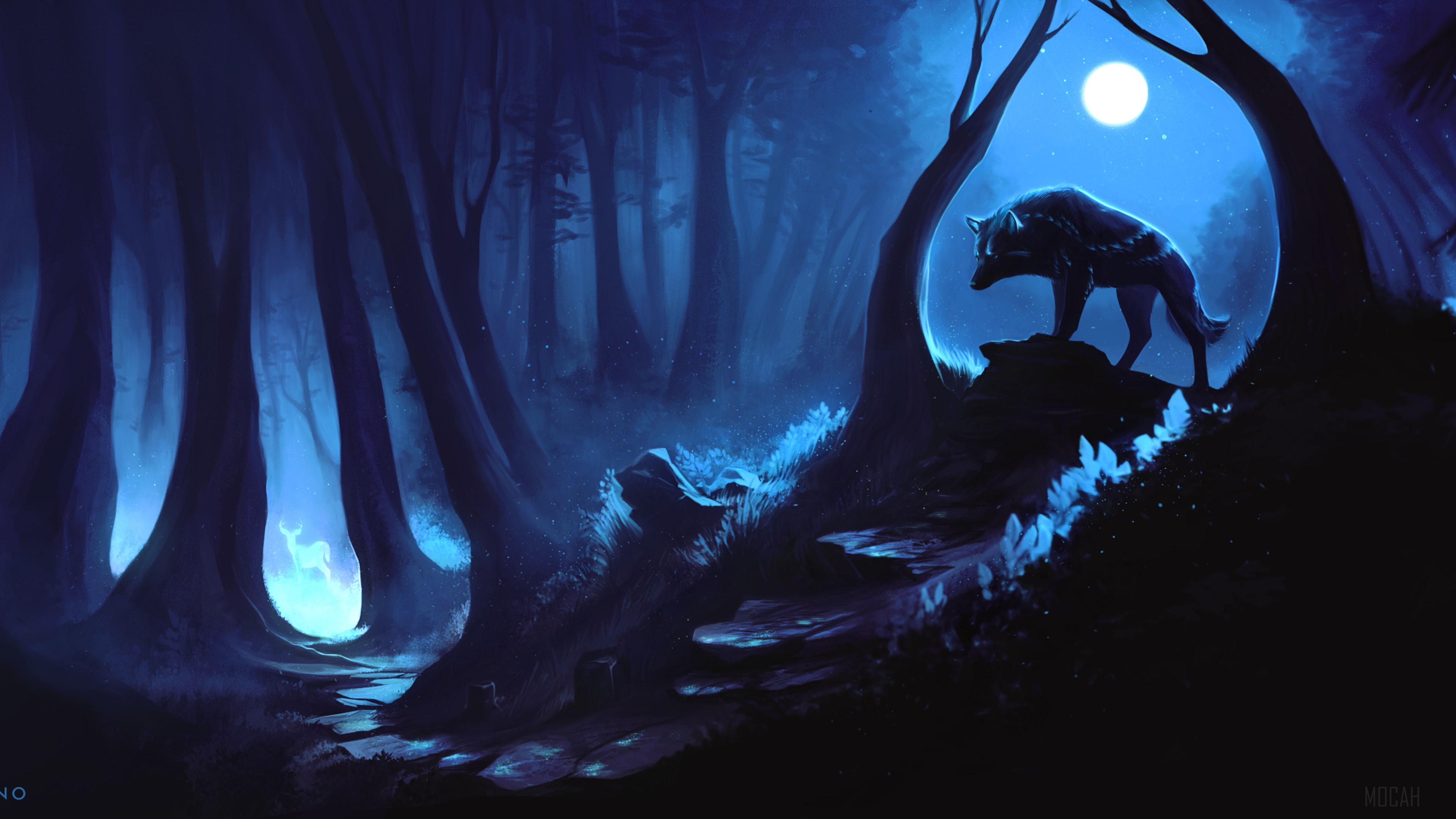 Wolf in a moonlit forest with a glowing deer HD Wallpaper