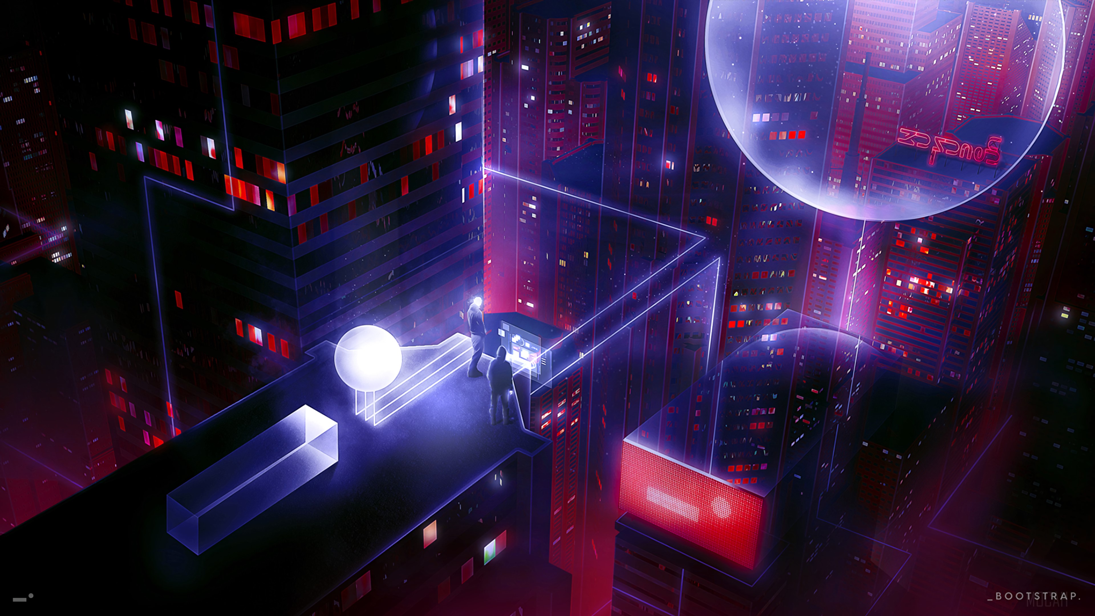 People on a sci-fi rooftop in 4K HD Wallpaper
