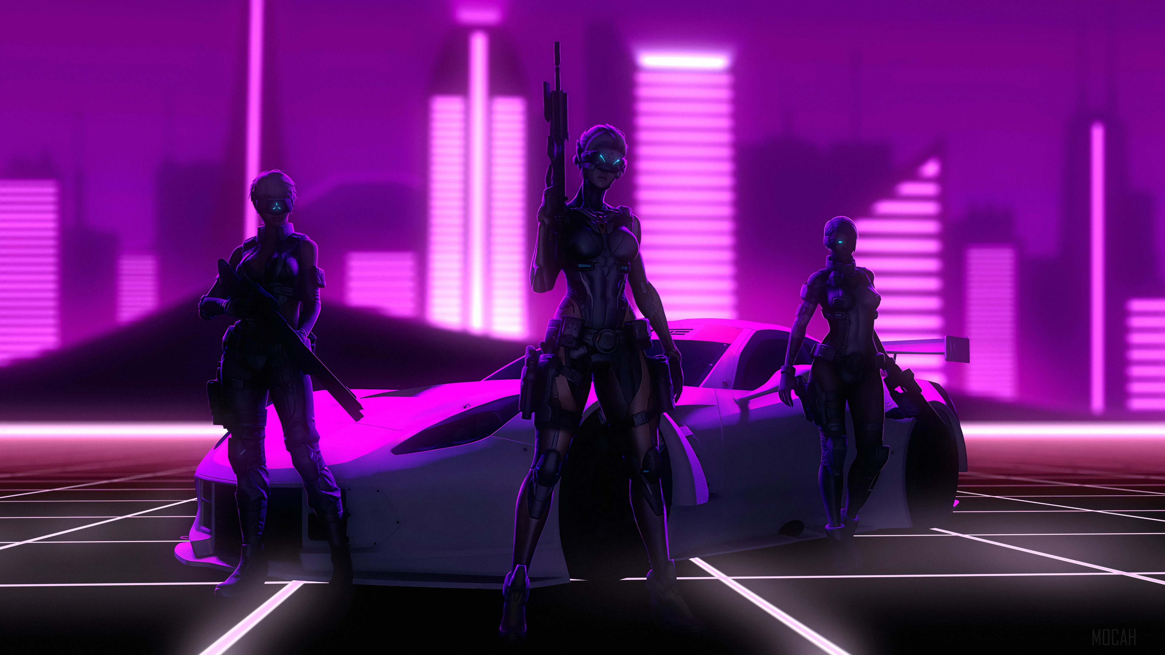 Three cyborg women with guns and a sports car in a neon city HD Wallpaper