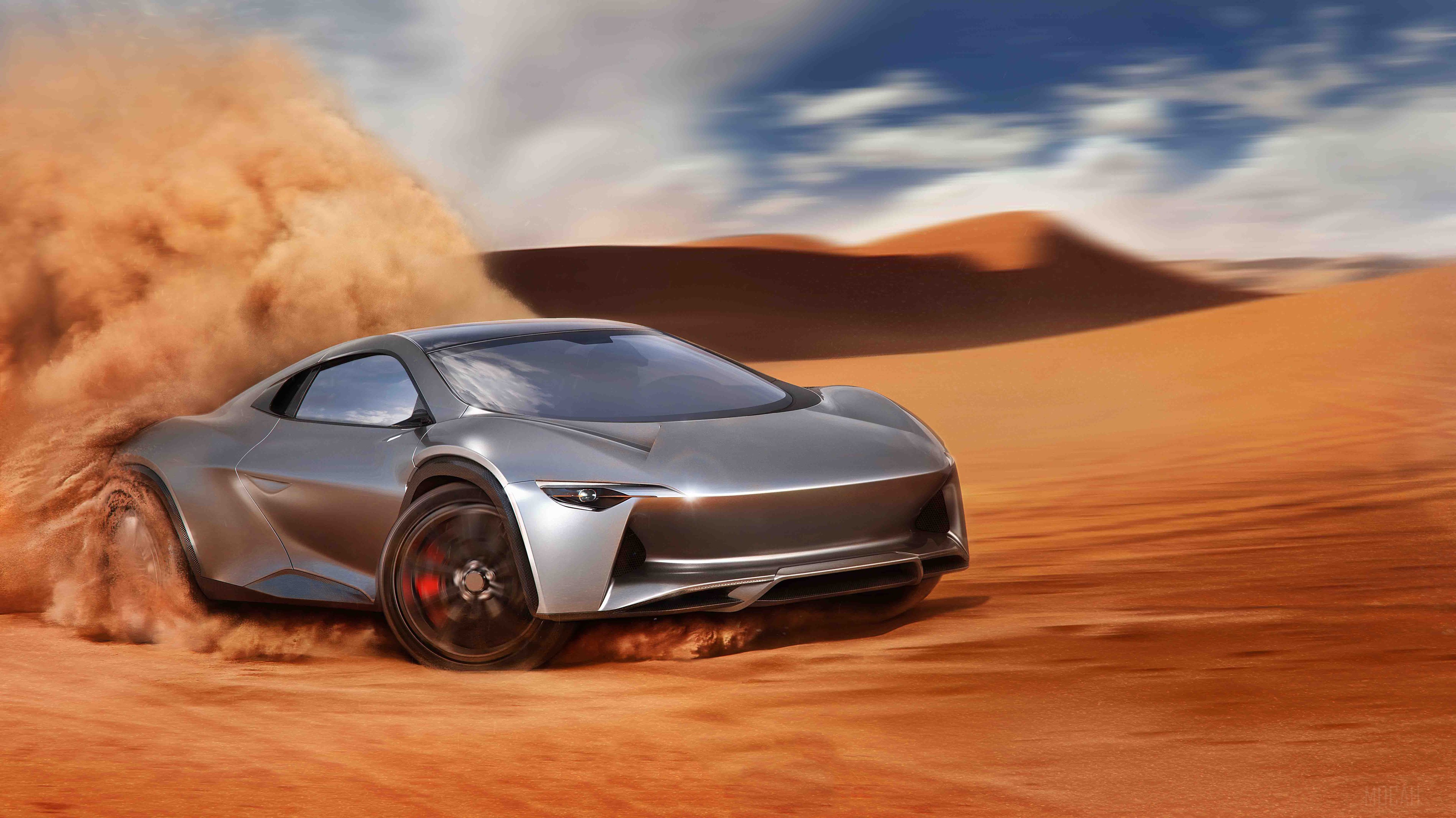 Silver sports car drifting in desert 4K HD Wallpaper