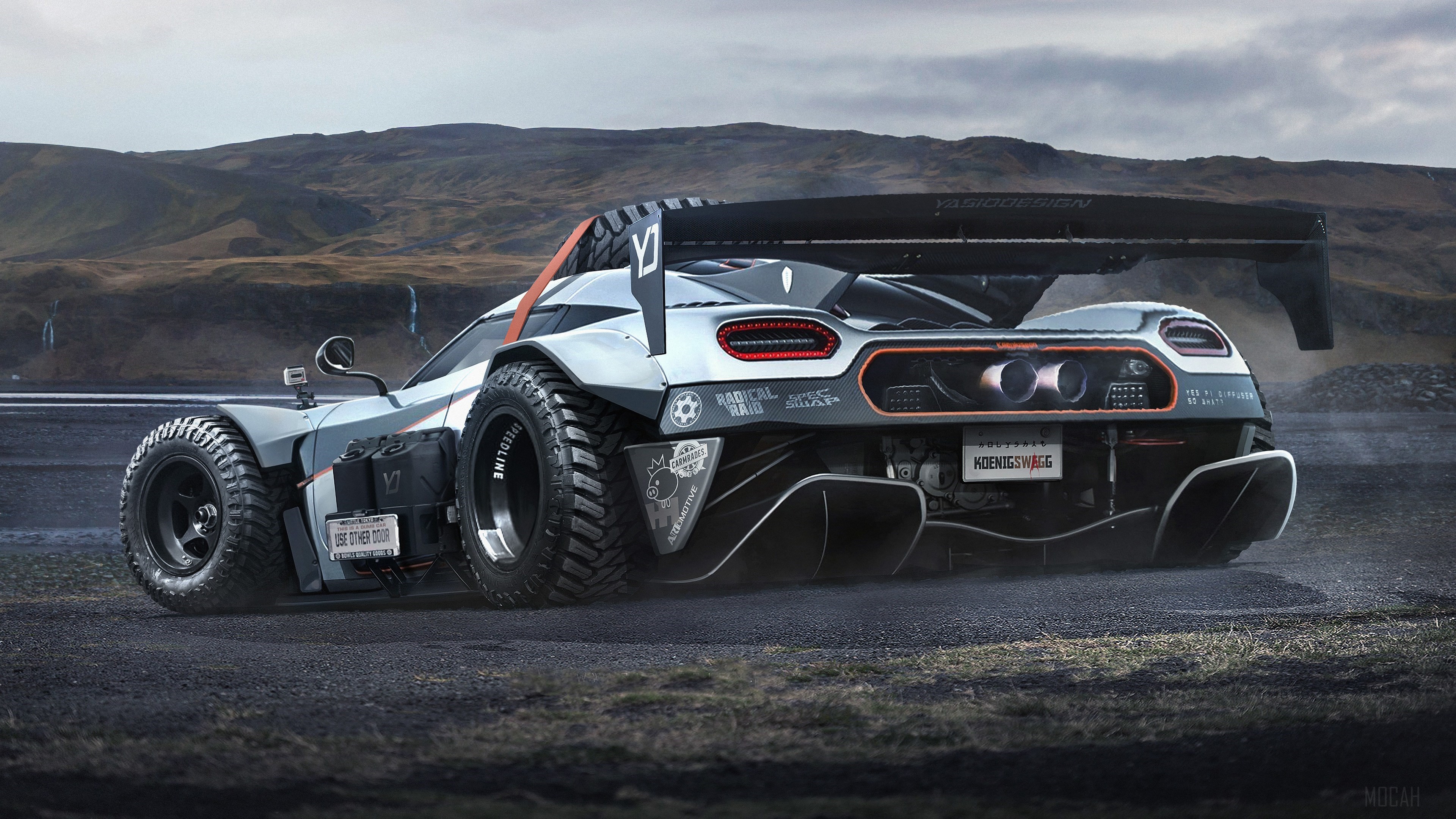 Koenigsegg with off-road tires and large wing 4K HD Wallpaper