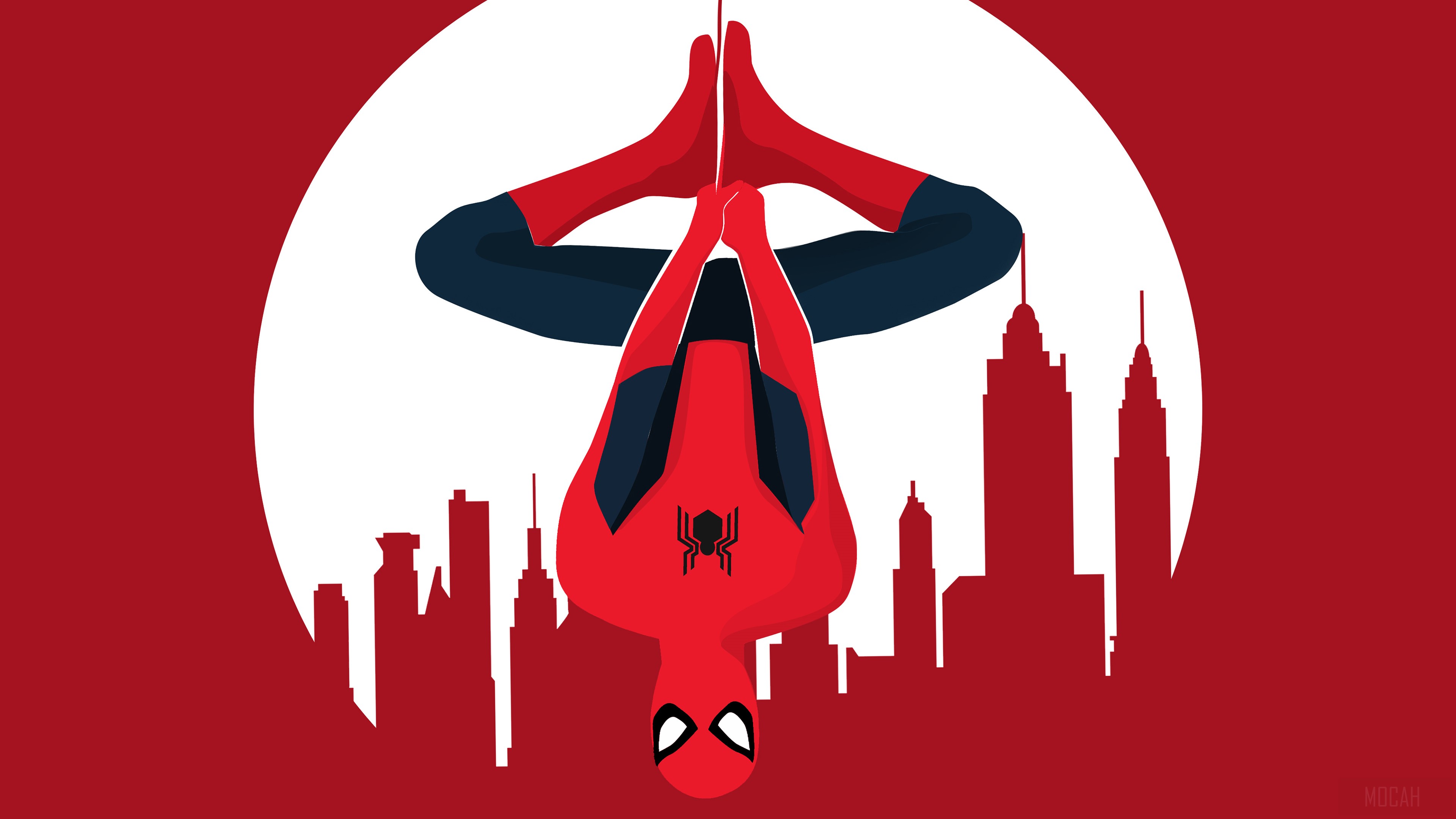 Spider-Man hanging upside down in front of a city skyline and moon HD Wallpaper