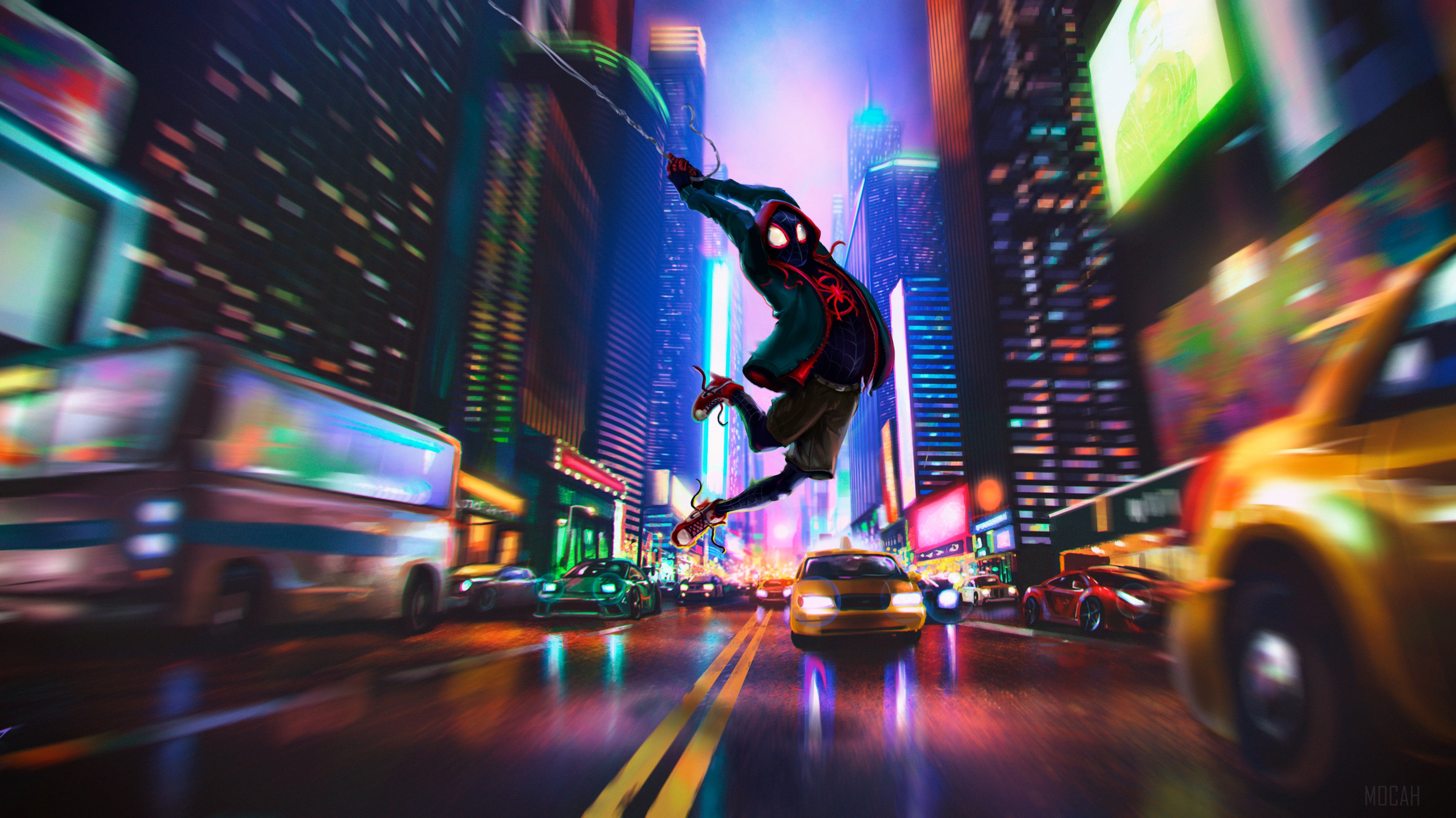 Spider-Man (Miles Morales) swinging through New York City in Spider-Verse 4K HD Wallpaper