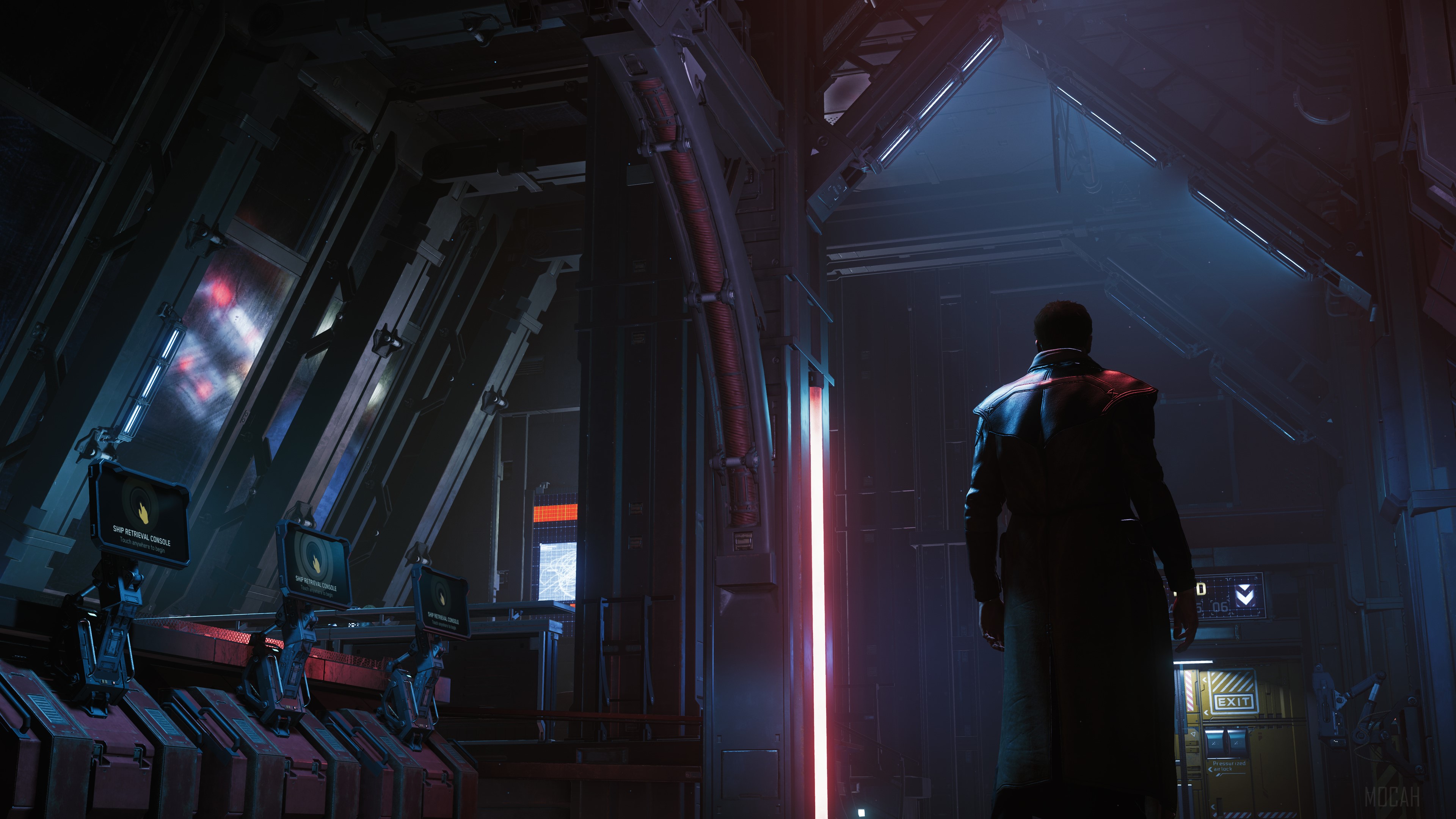 Man in a long coat in a futuristic corridor HD Wallpaper