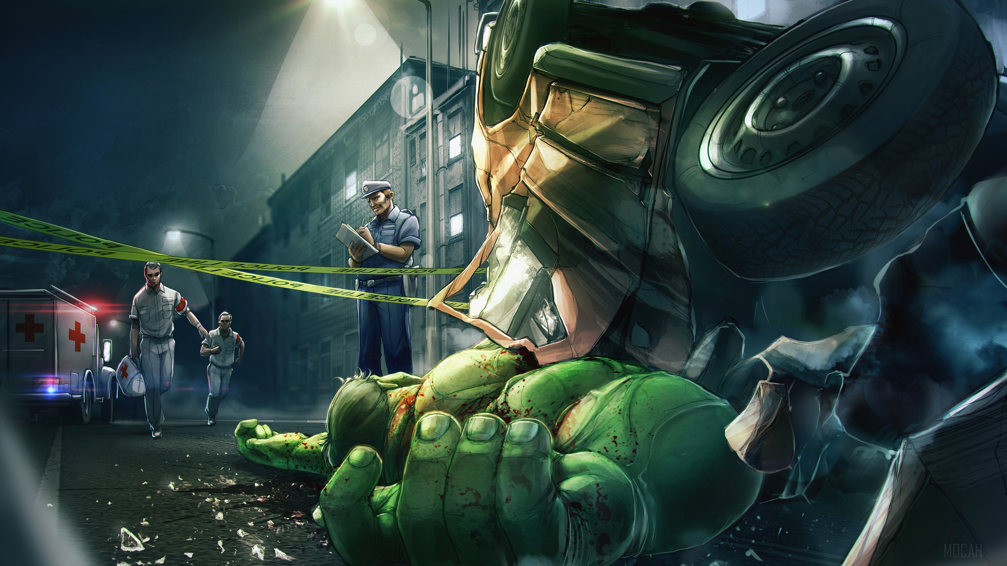 Hulk at a crime scene with police and ambulance HD Wallpaper