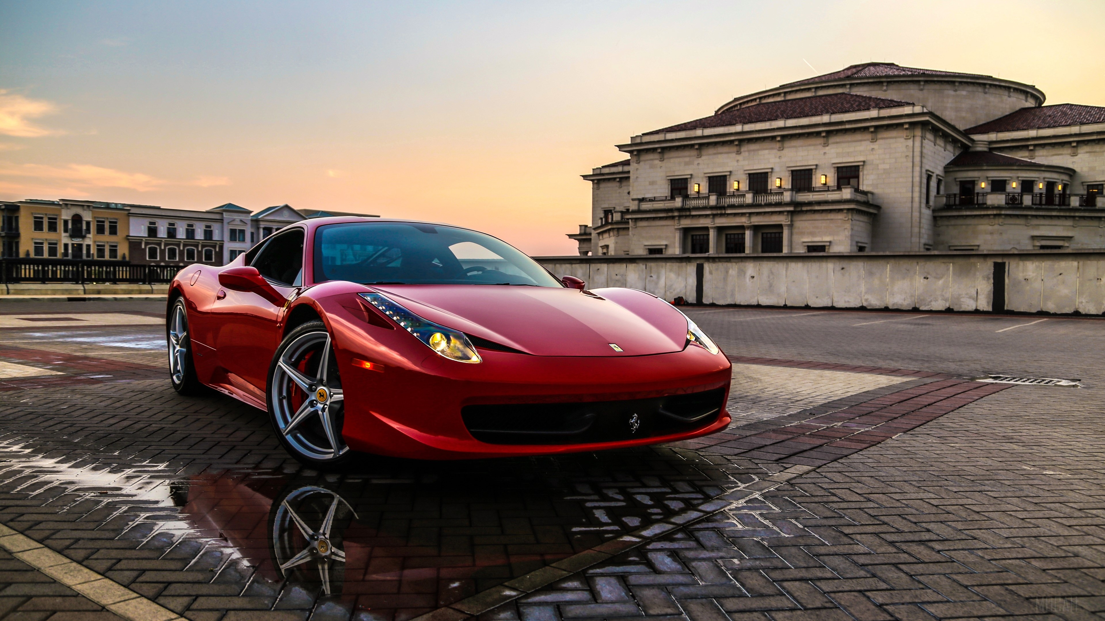 Red Ferrari 458 Italia parked at sunset HD Wallpaper