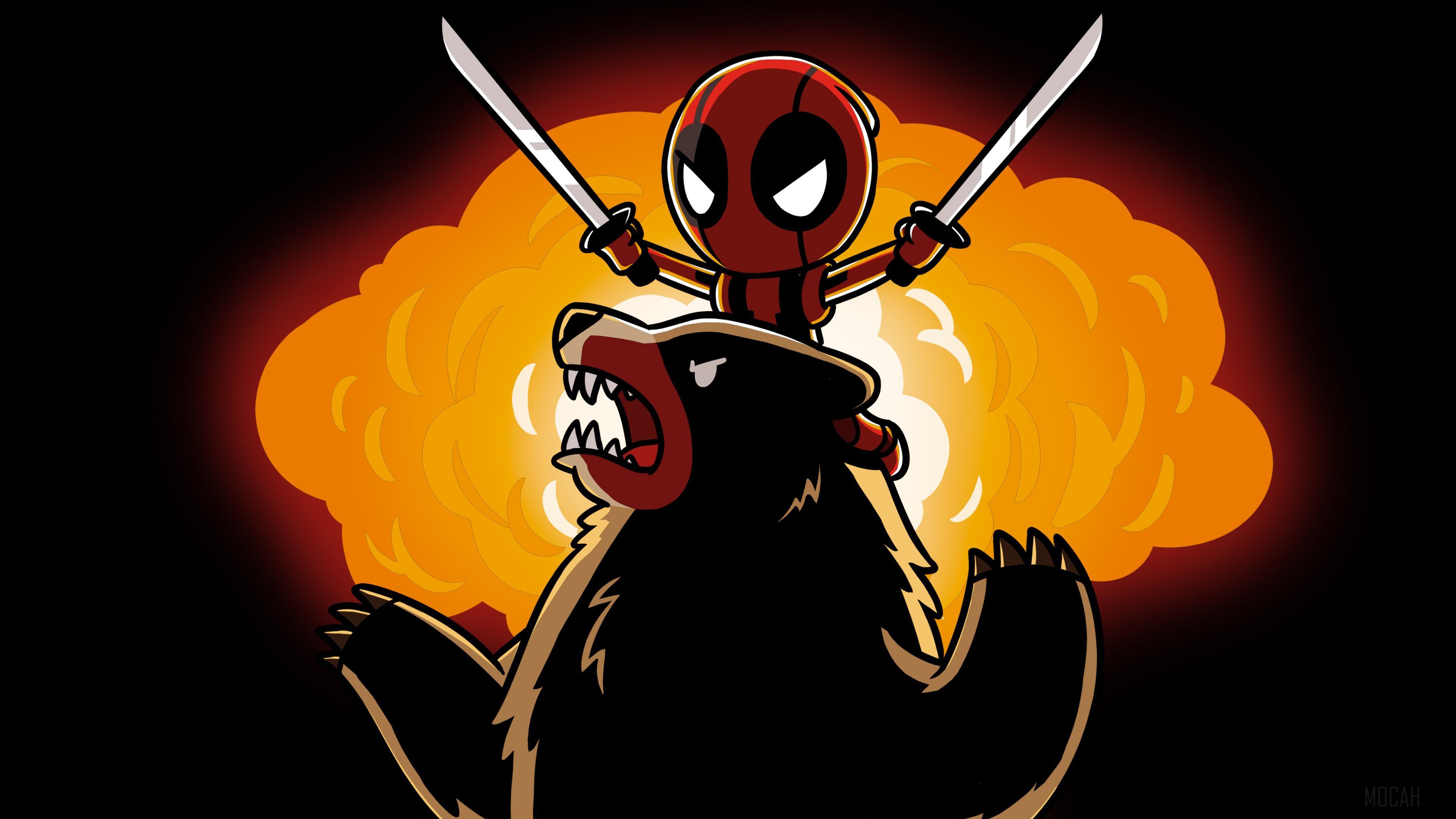 Deadpool Riding a Bear with Explosion Background 4K HD Wallpaper