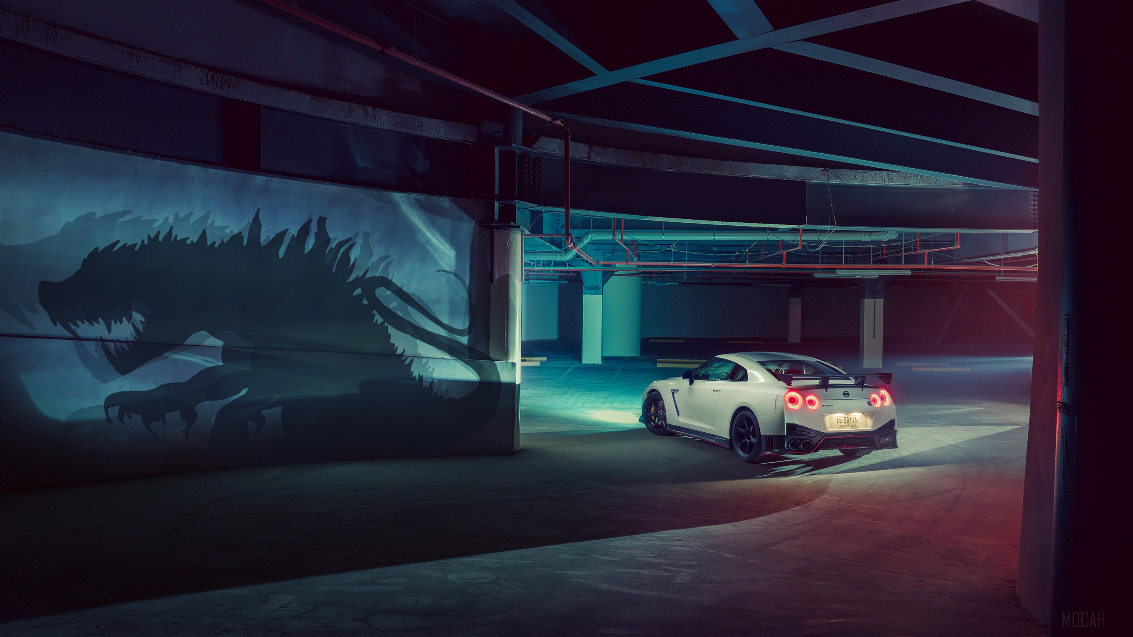 White Nissan GTR in a garage with dragon mural 4K HD Wallpaper