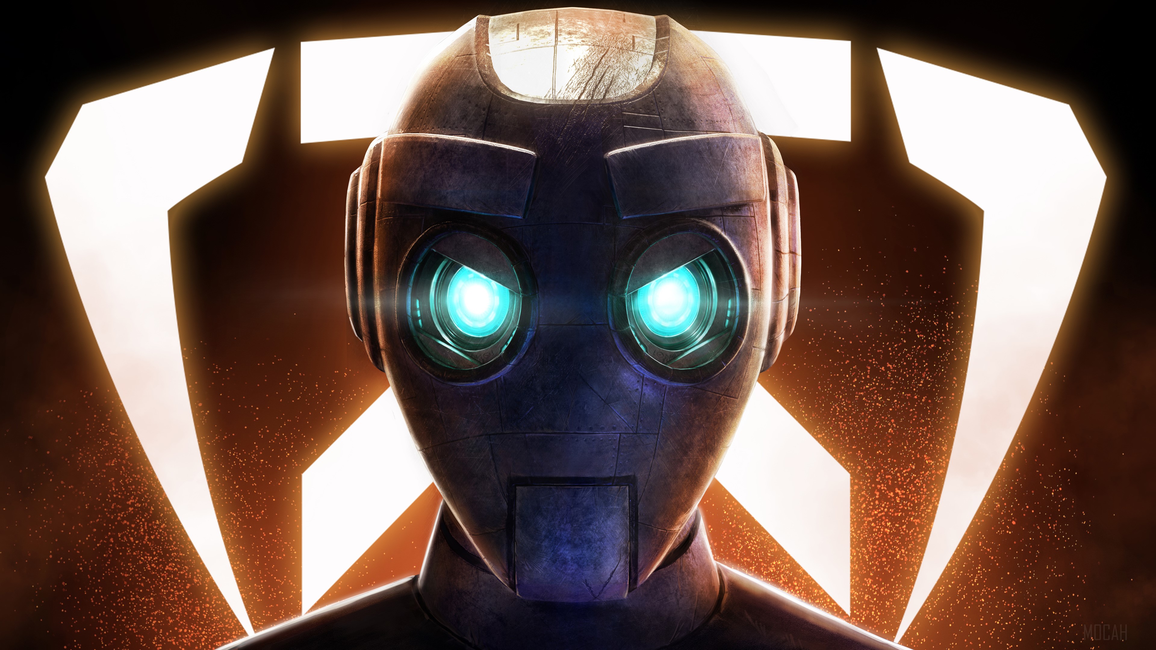 Robot with glowing blue eyes in front of a logo HD Wallpaper