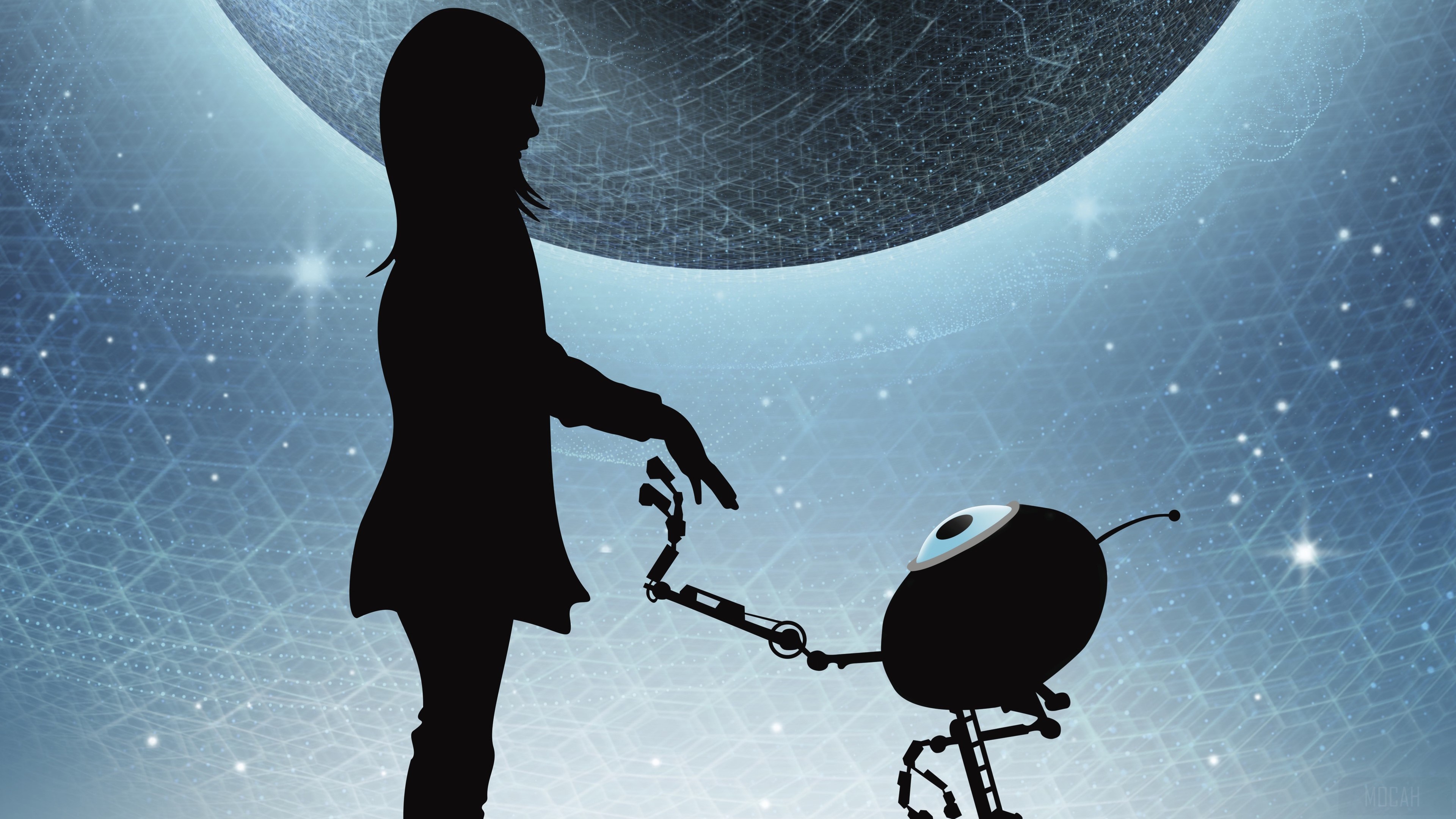 Girl and robot on a blue, starry background HD Wallpaper