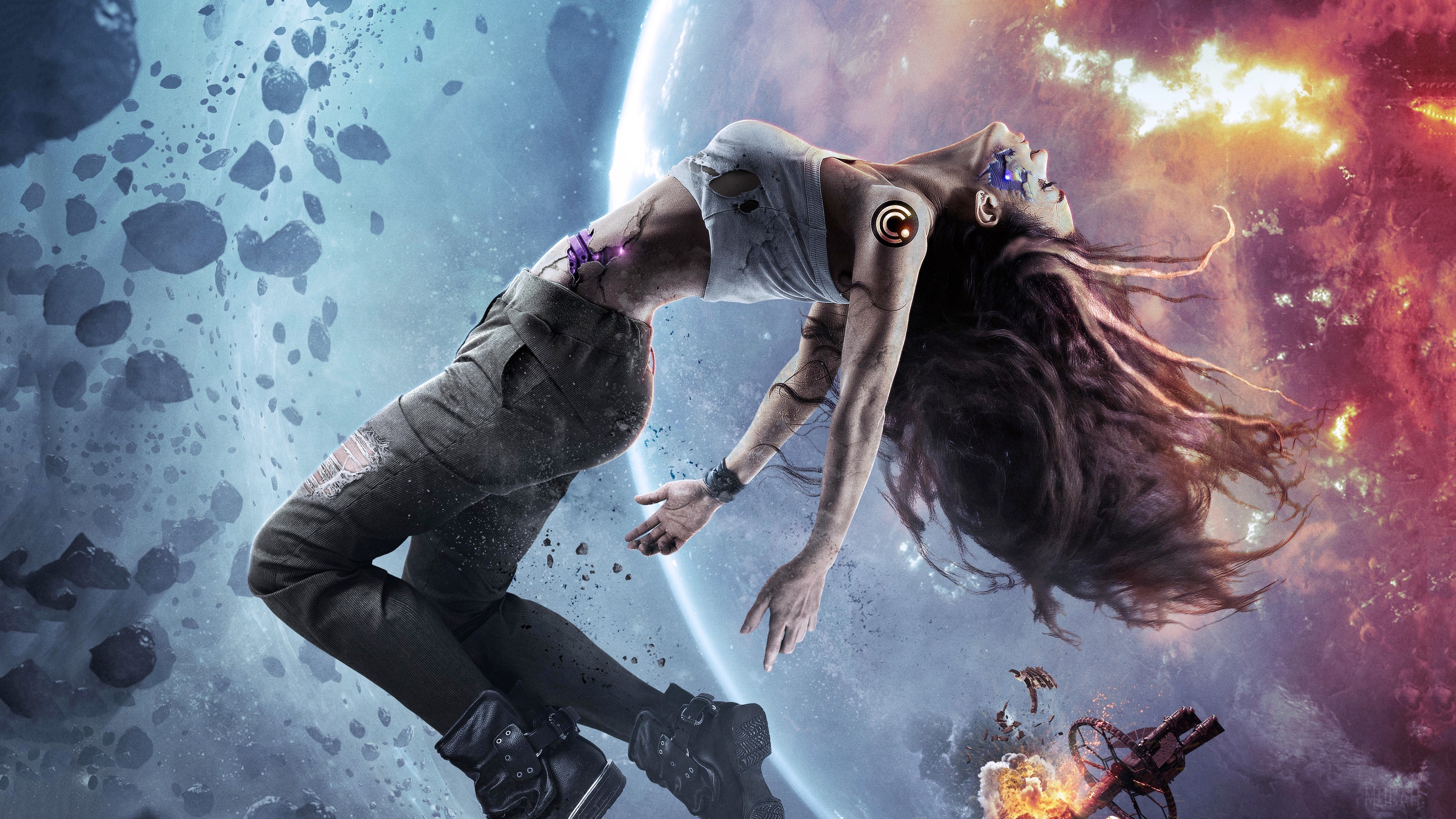 Woman falling in space with planets and asteroids HD Wallpaper