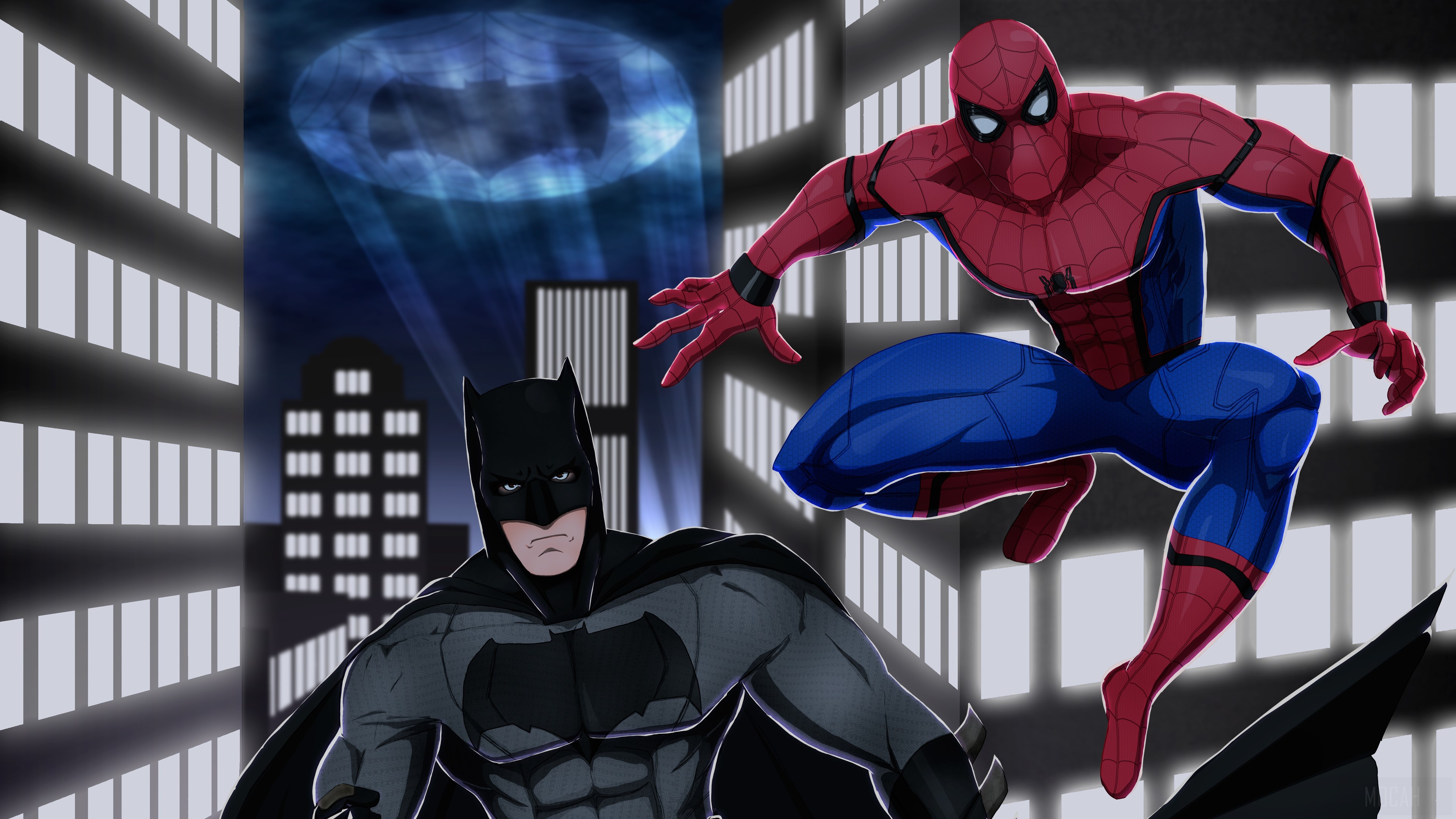Batman and Spider-Man in a city at night HD Wallpaper