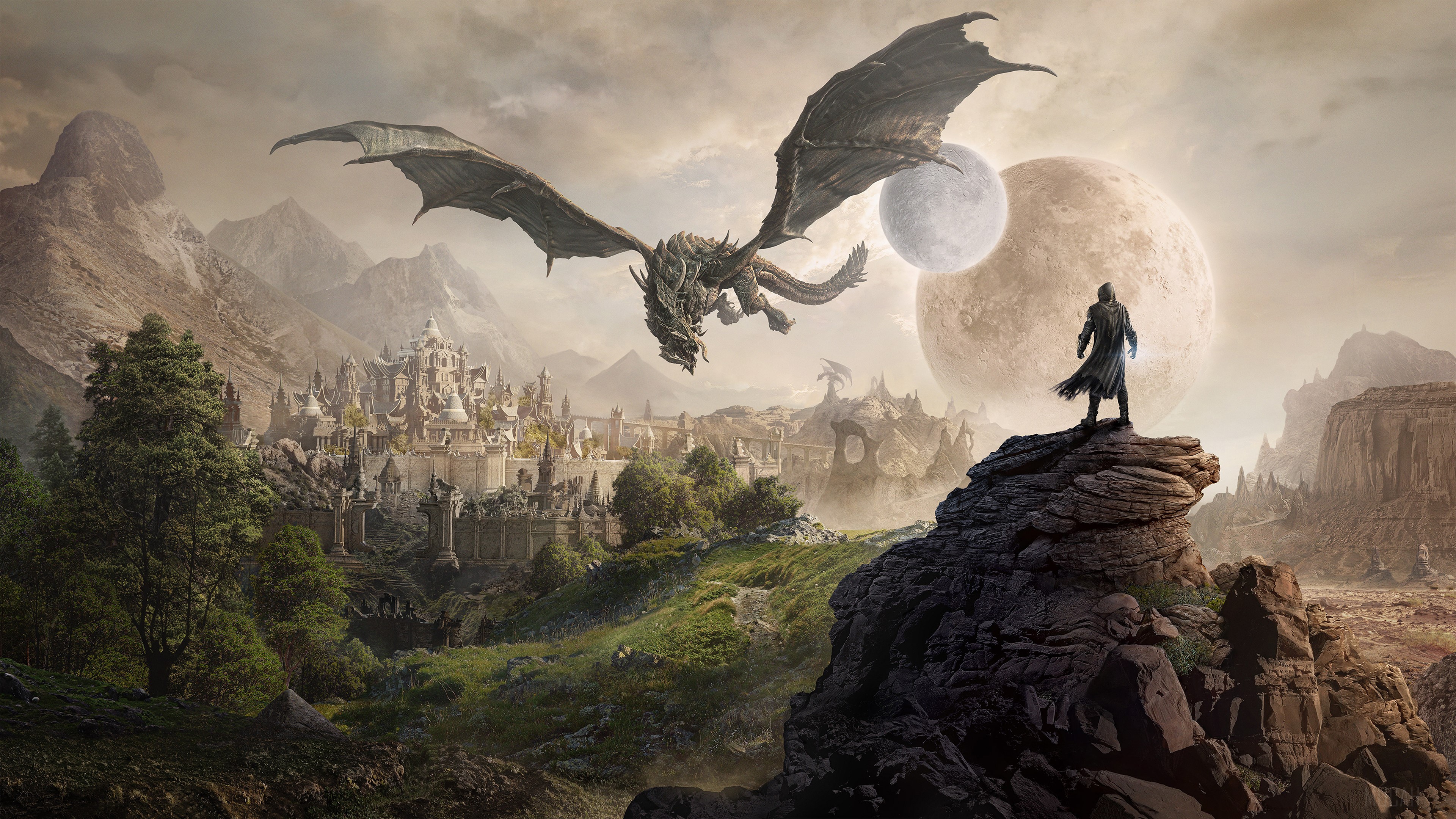 Dragon over Elsweyr with a mage and moons 4K HD Wallpaper