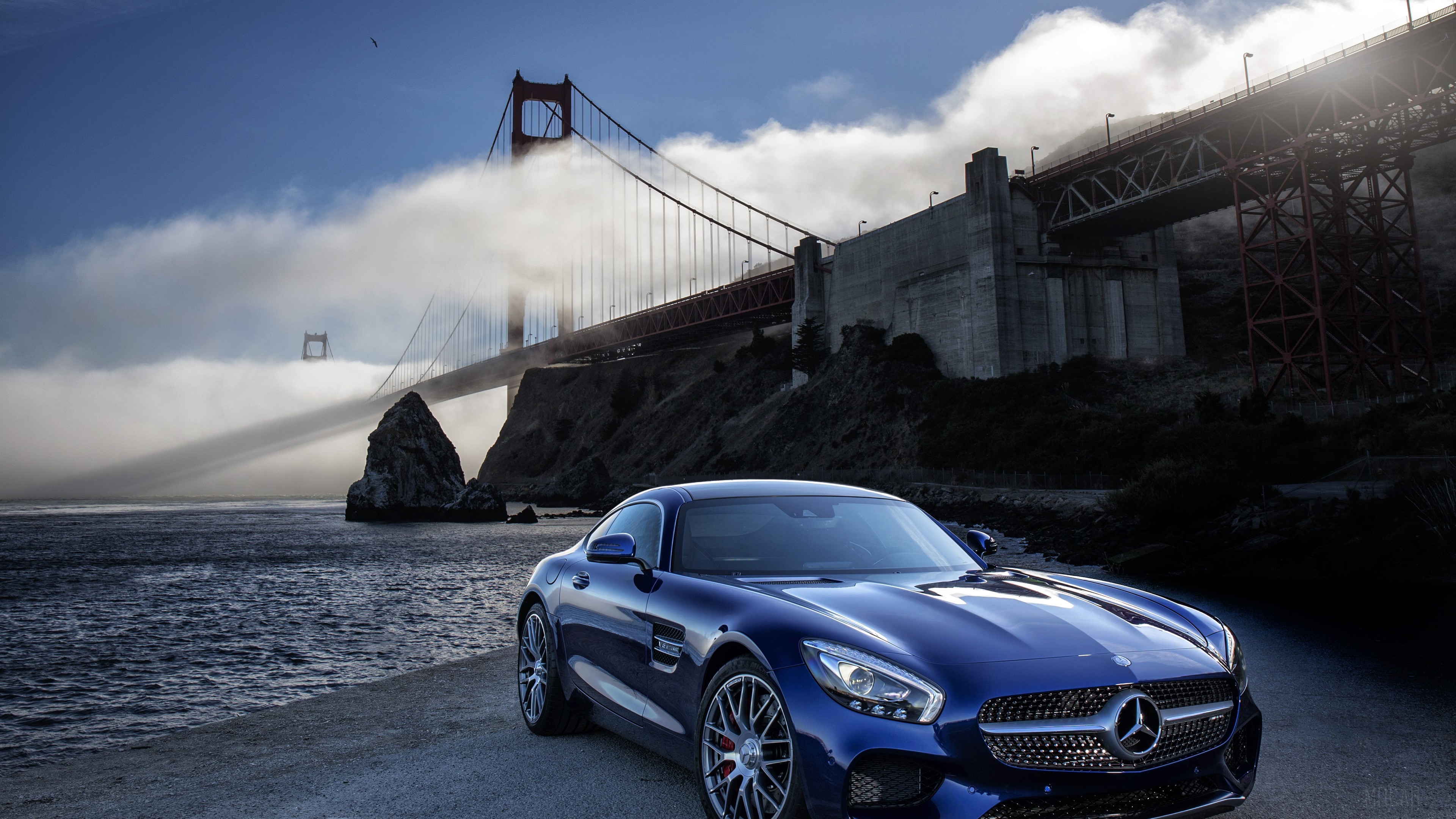 Blue Mercedes AMG GT S 2019 near Golden Gate Bridge HD Wallpaper