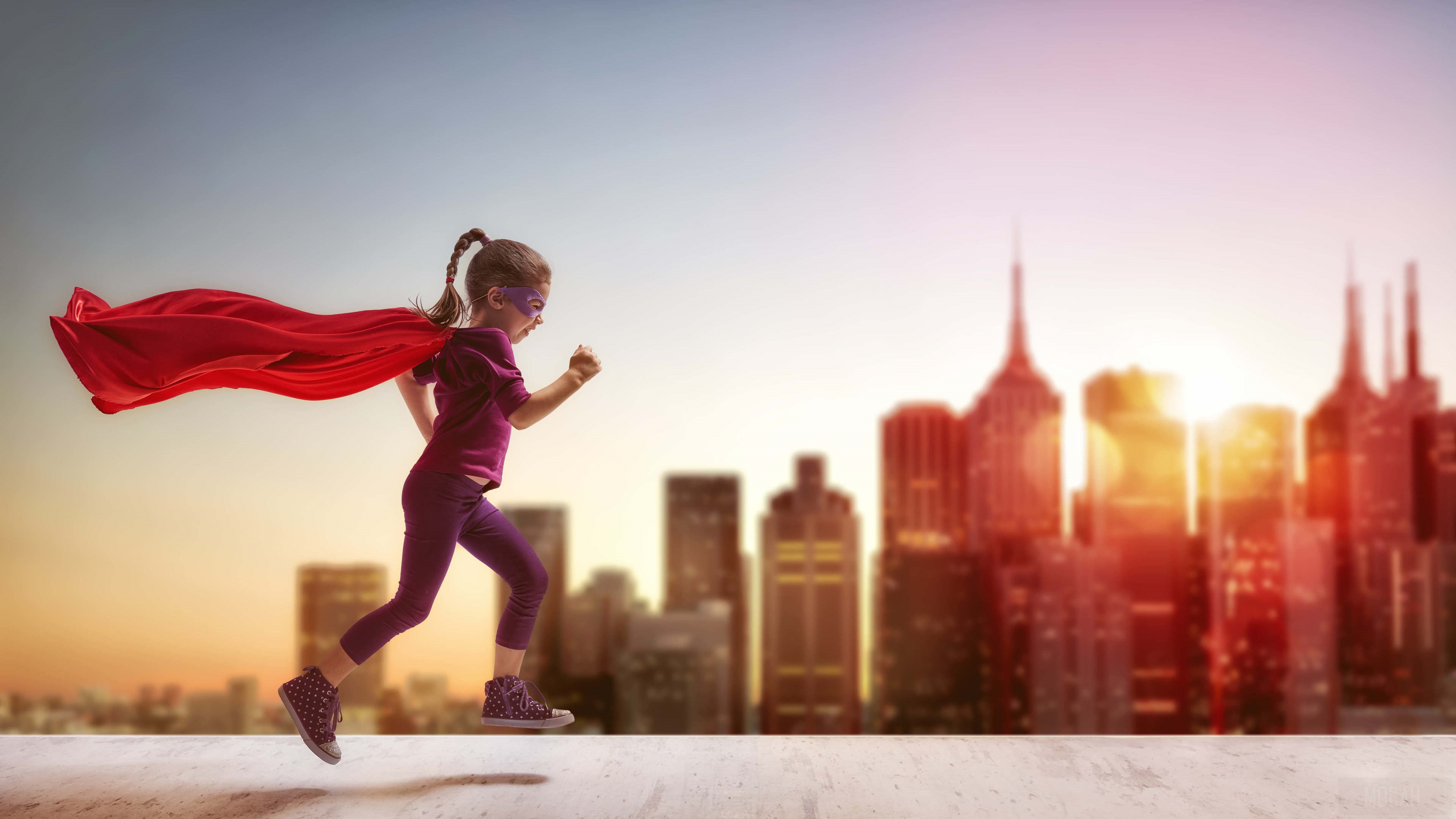 Girl in Supergirl Costume Running with Red Cape HD Wallpaper