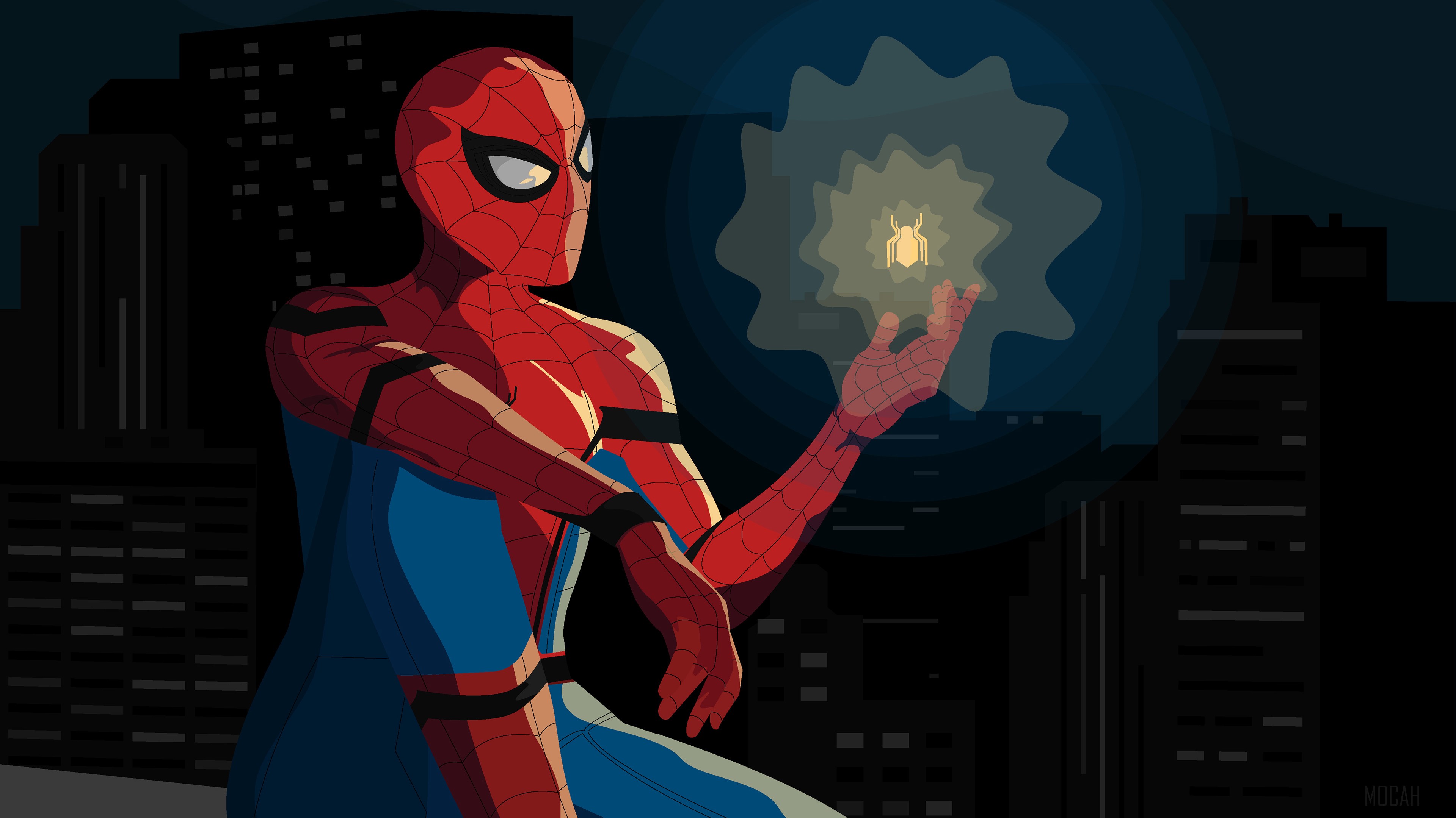Spider-Man with a glowing spider symbol HD Wallpaper