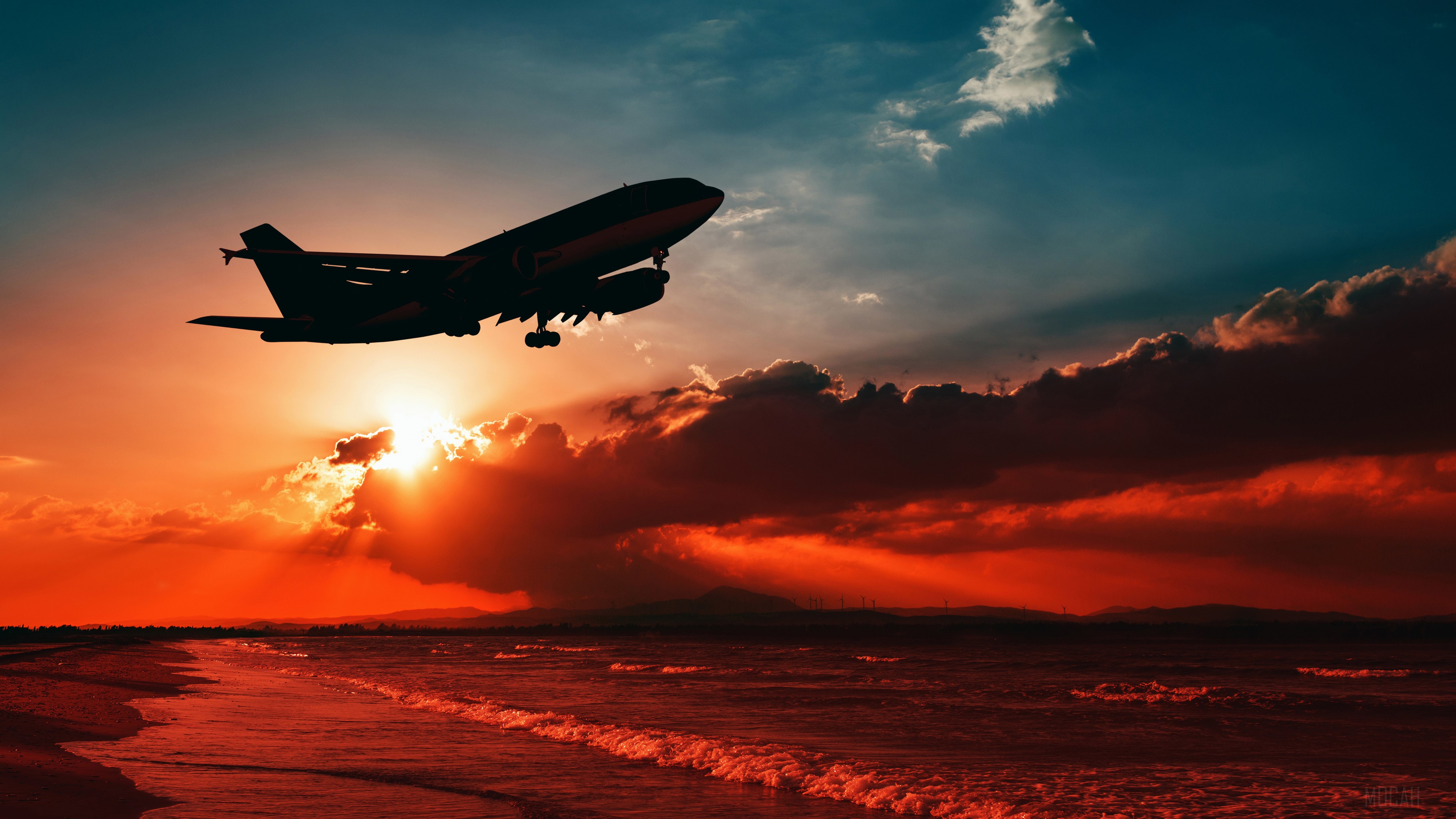 Airplane Flying Over Beach Shore Sunset HD Wallpaper