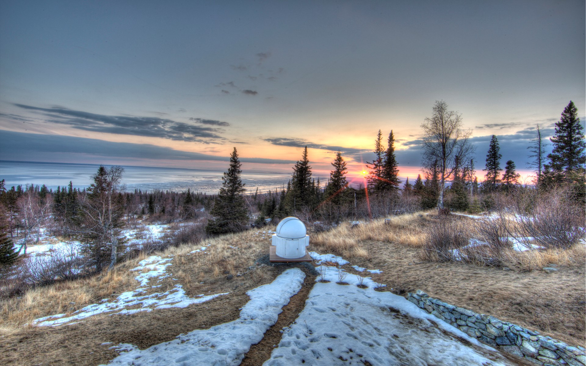 Observatory dome on a hill at sunset HD Wallpaper