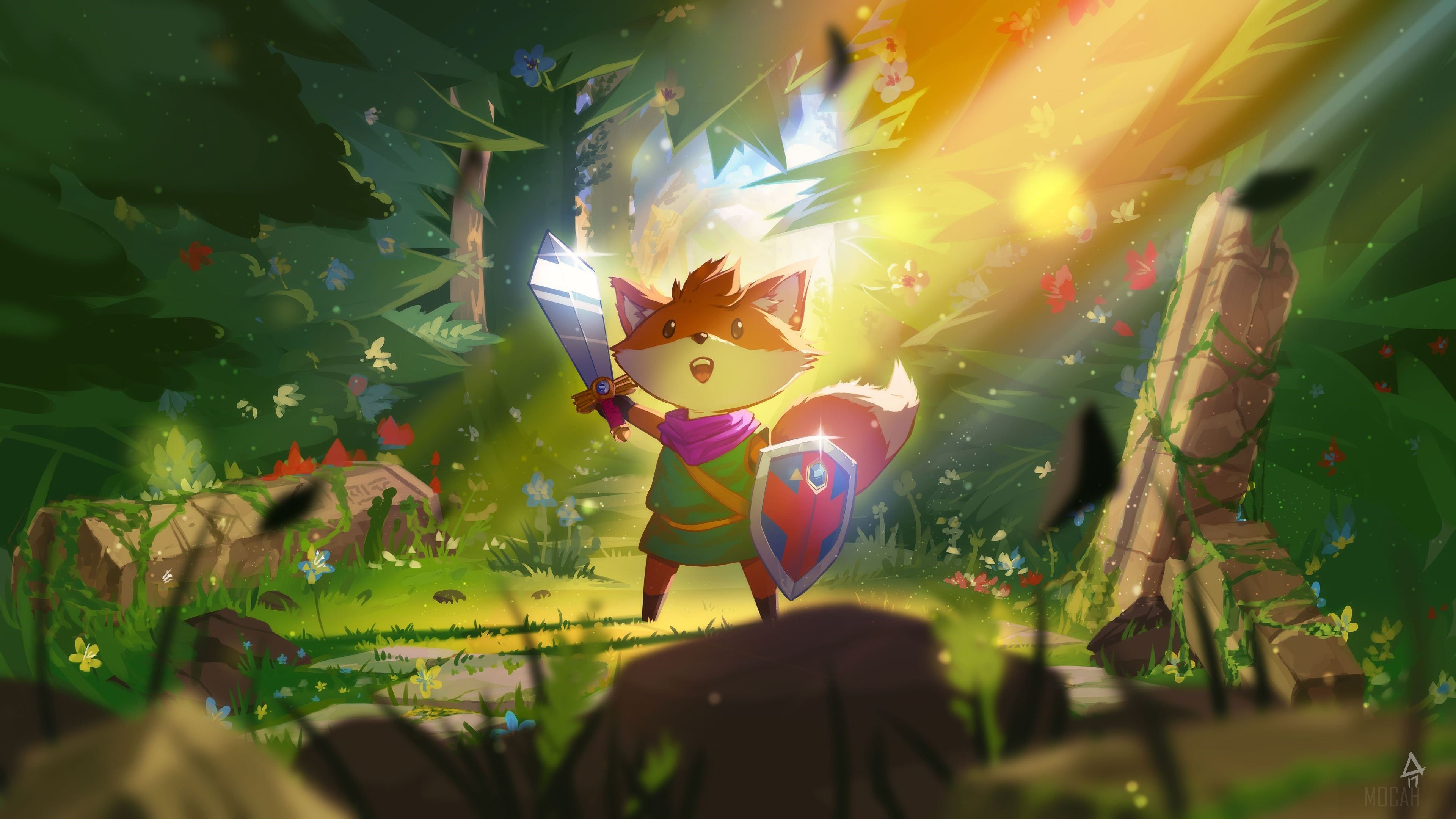 Fox from Tunic holding sword and shield HD Wallpaper
