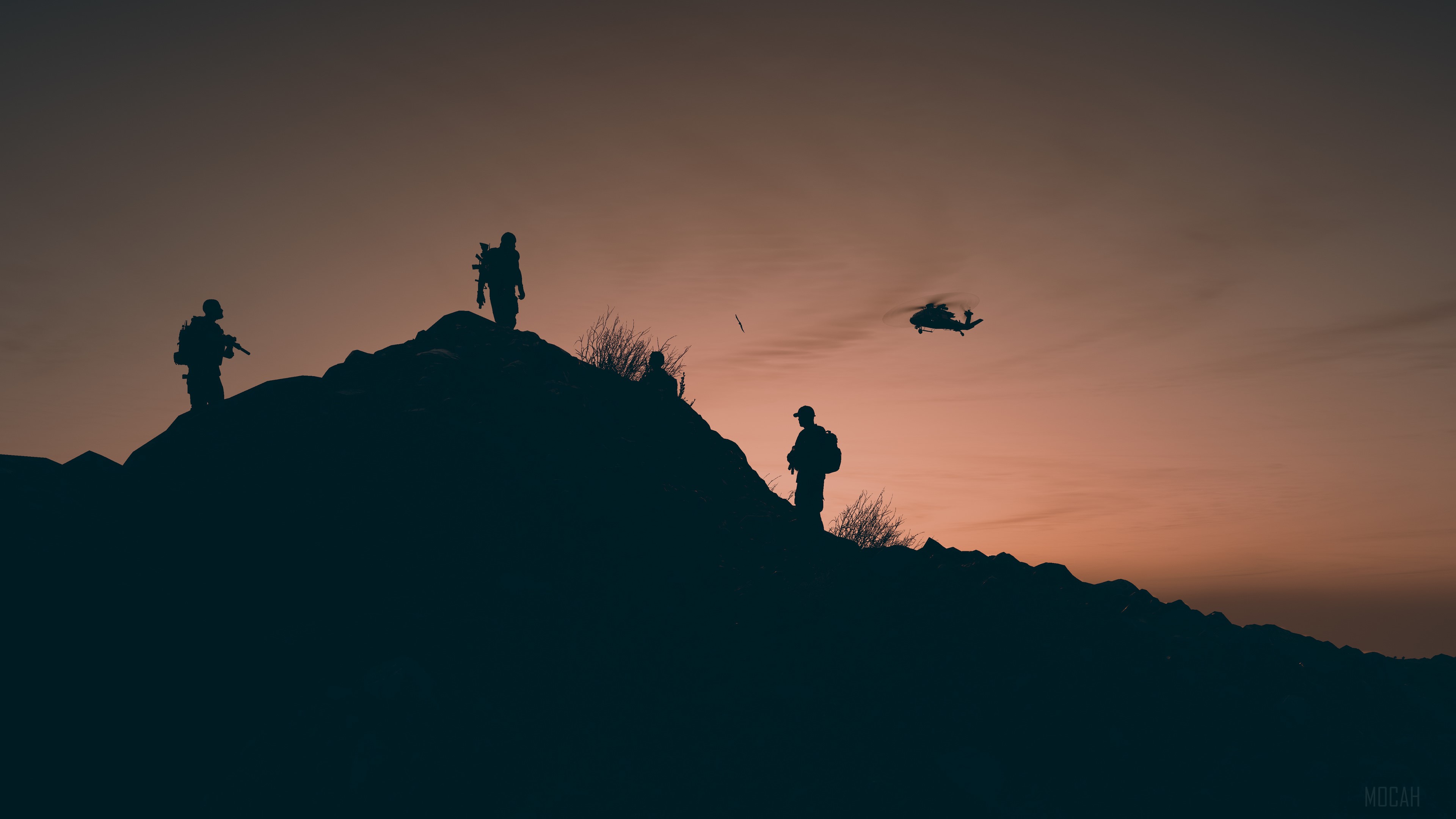 Soldiers and helicopter in Tom Clancy's Ghost Recon Wildlands 4K HD Wallpaper