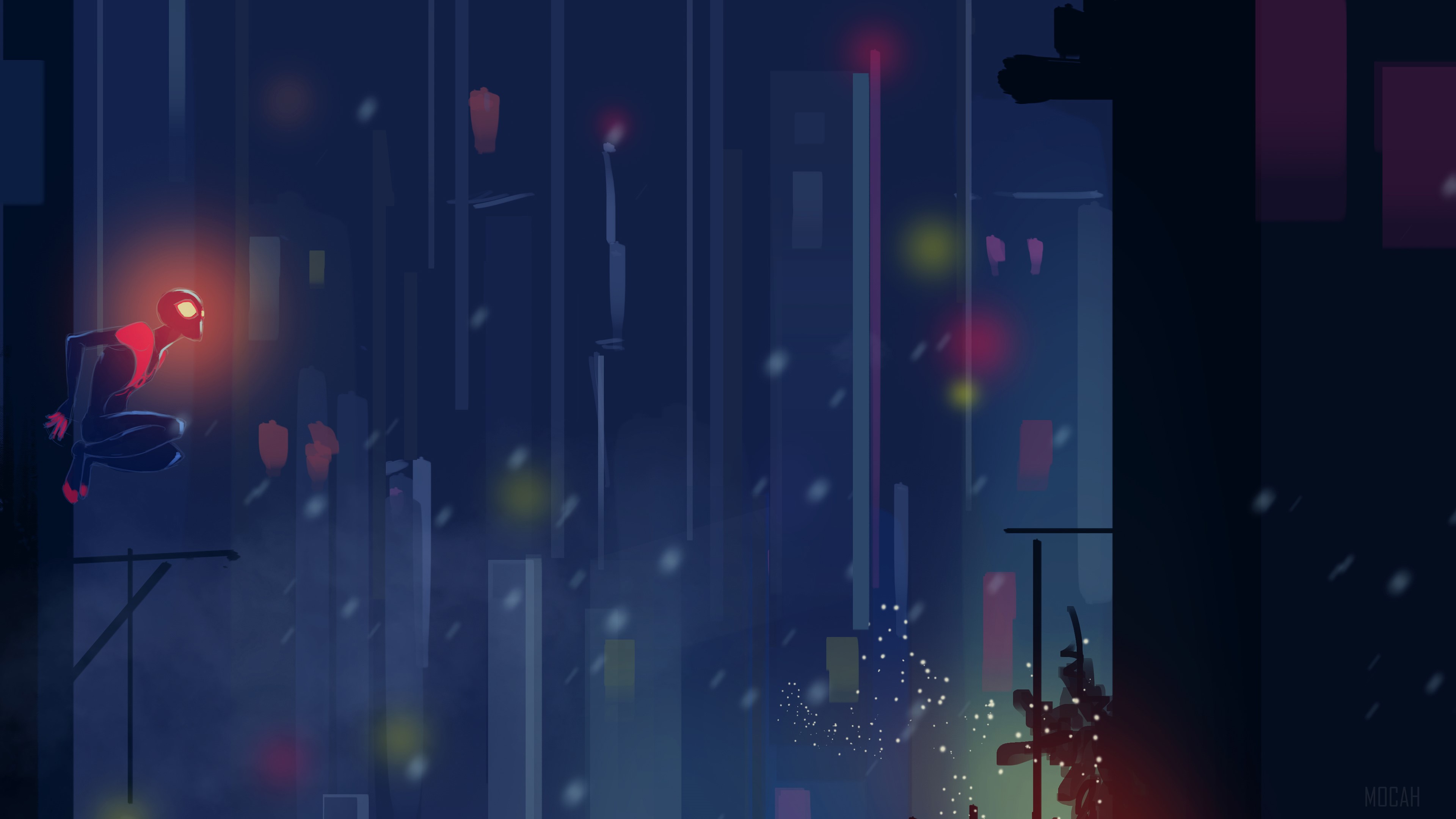 Spider-Man from Spider-Verse in a city at night HD Wallpaper
