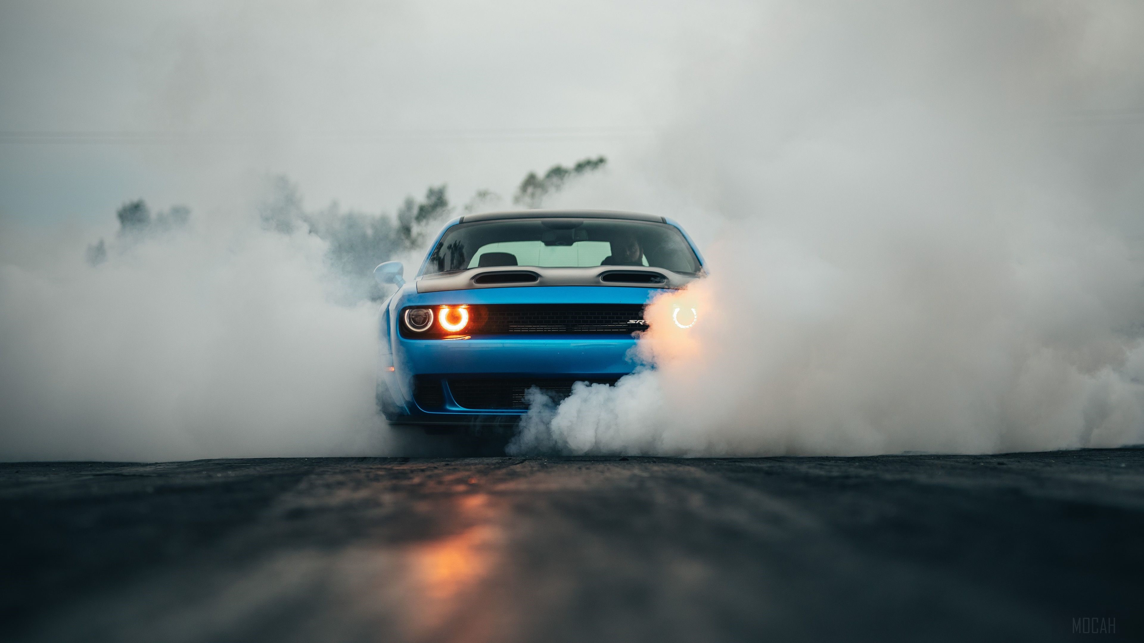 Blue Dodge Challenger Hellcat doing a burnout 4K HD Wallpaper