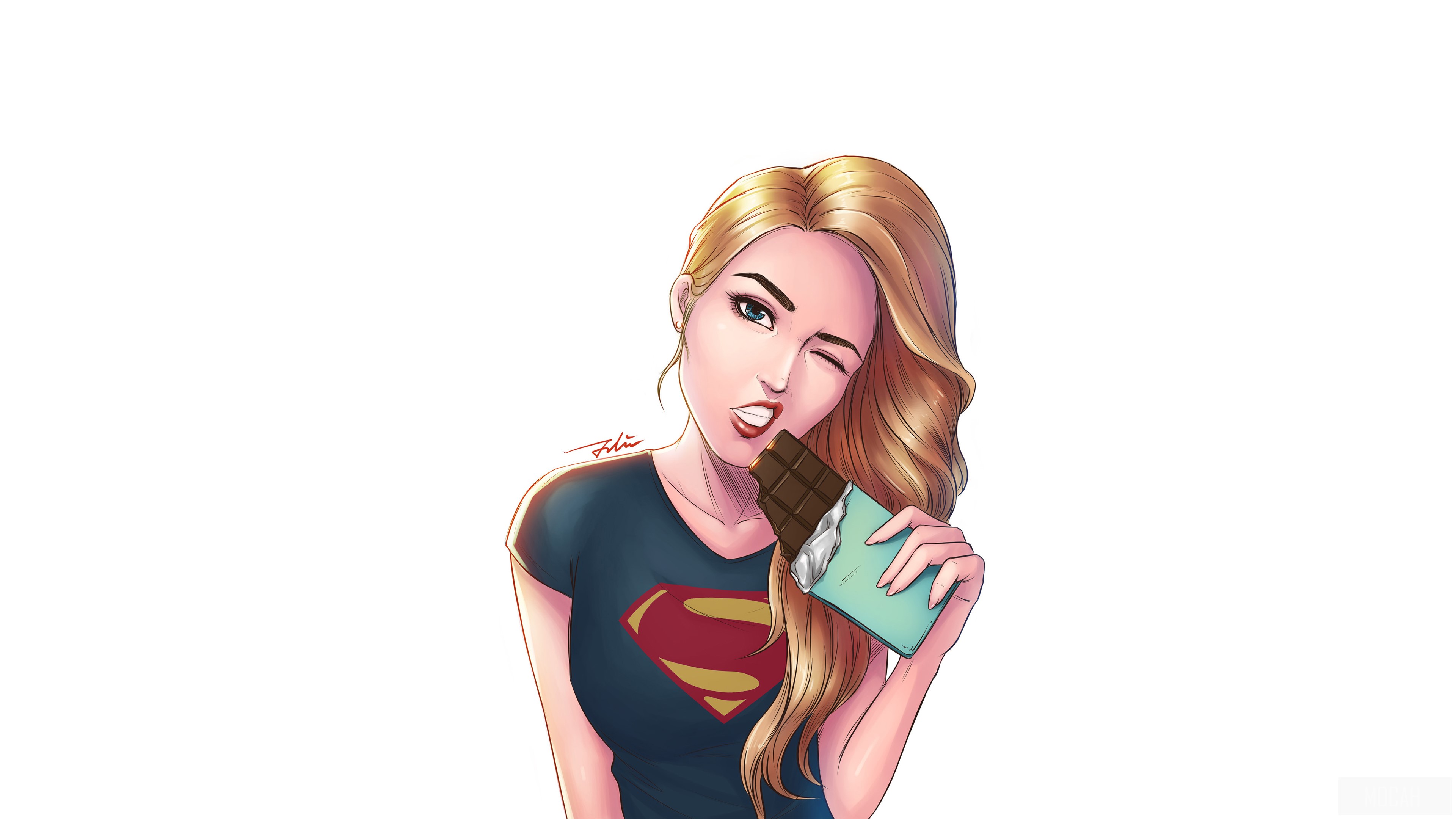 Supergirl eating chocolate bar HD Wallpaper