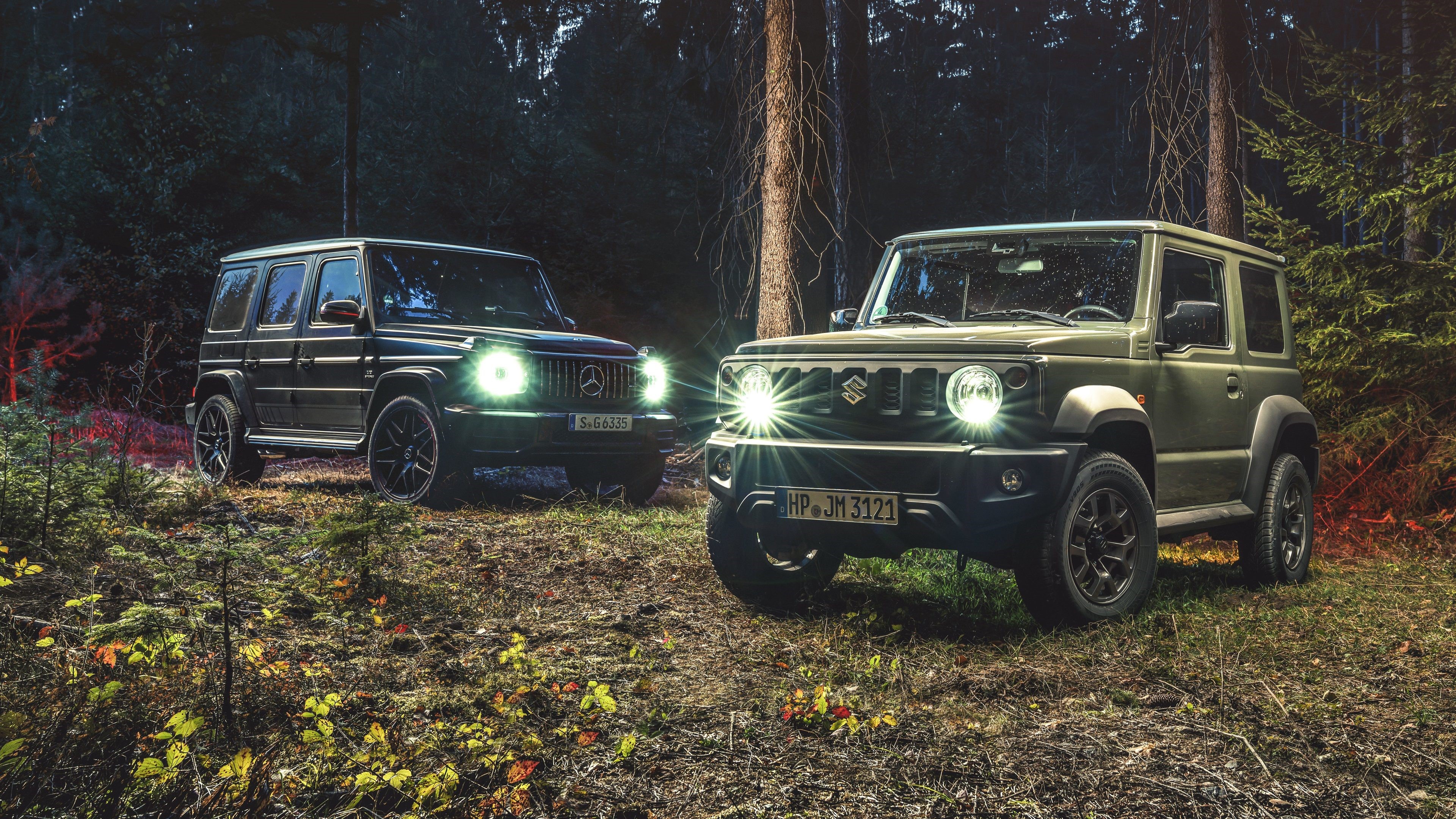 Suzuki Jimny and Mercedes-AMG G63 in forest 4K HD Wallpaper