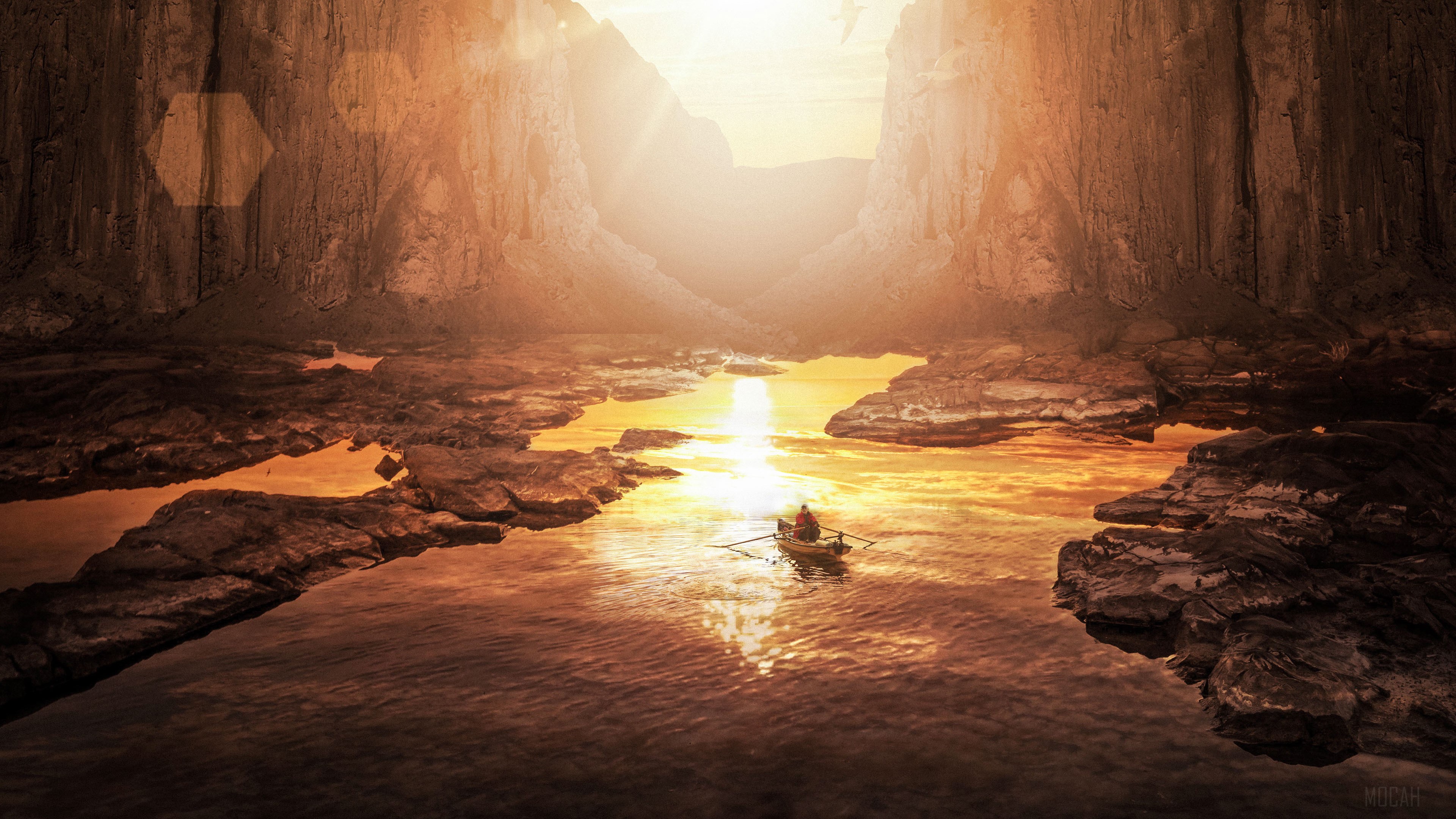 Man rowing boat in canyon with golden light 4K HD Wallpaper