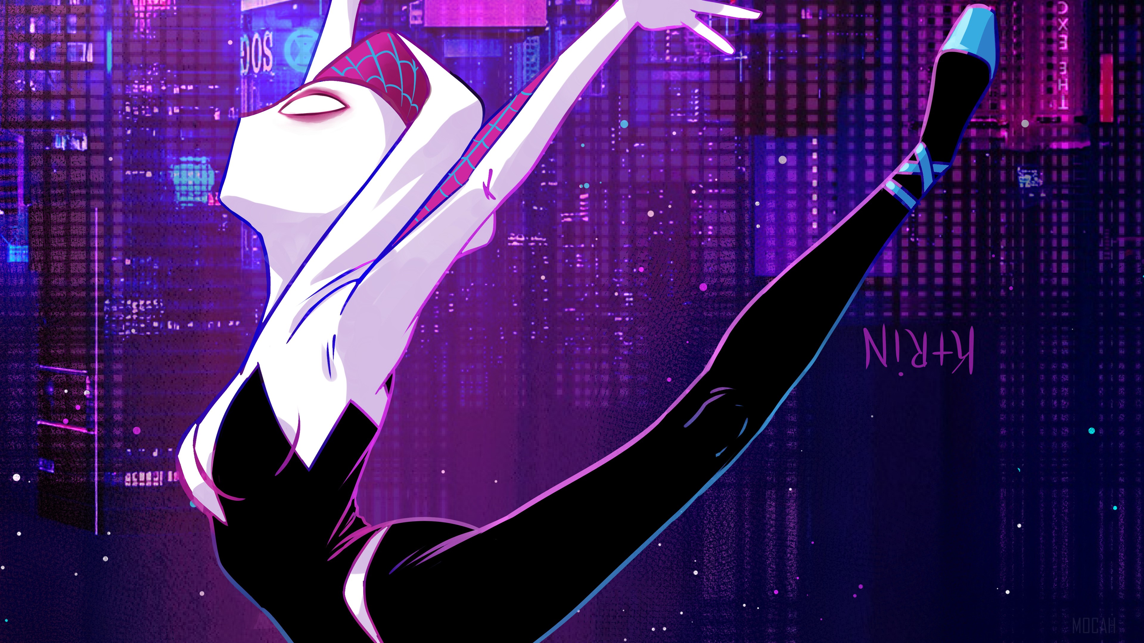 Spider-Gwen from Spider-Verse dancing in a city HD Wallpaper