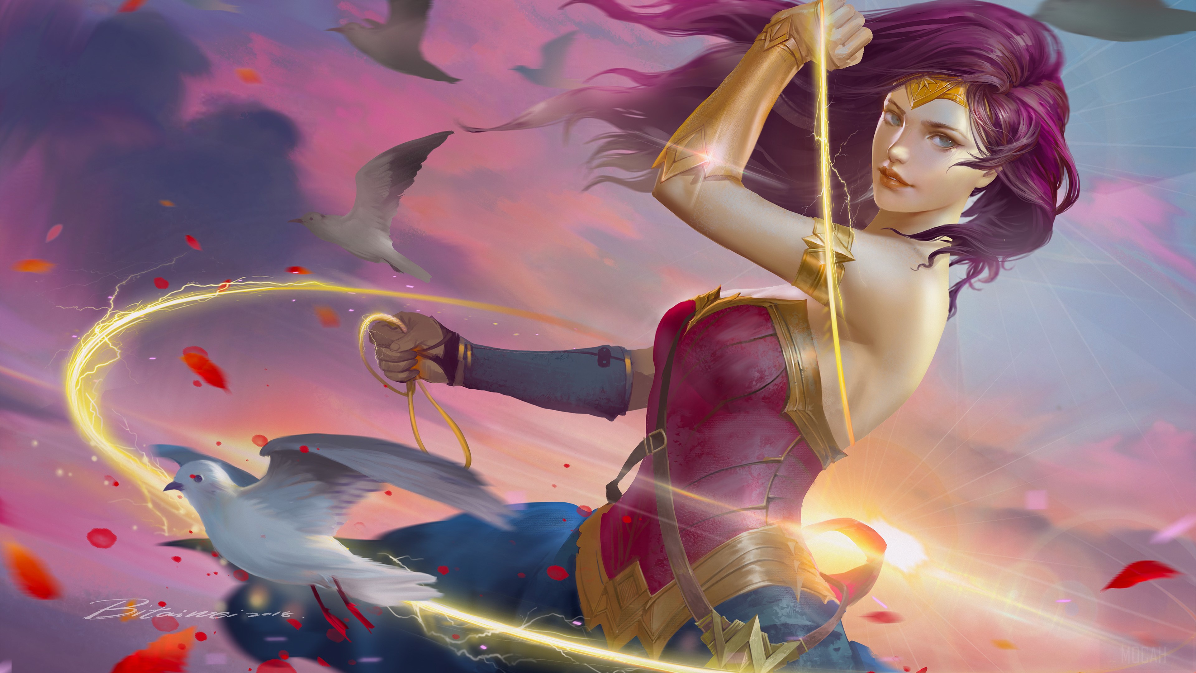 Wonder Woman with Lasso of Truth and Seagulls 4K HD Wallpaper