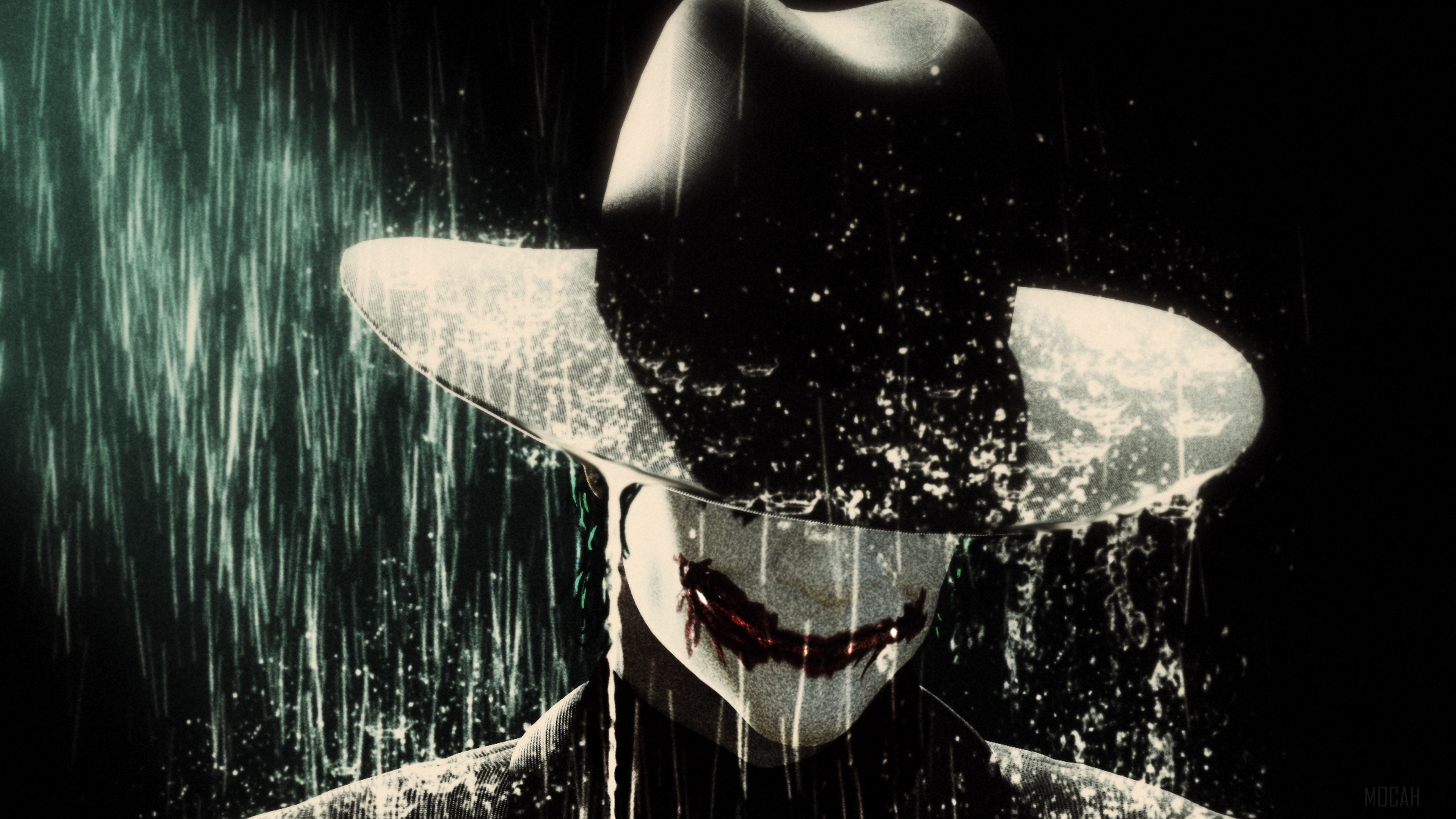 Joker in the rain wearing a hat 4K HD Wallpaper