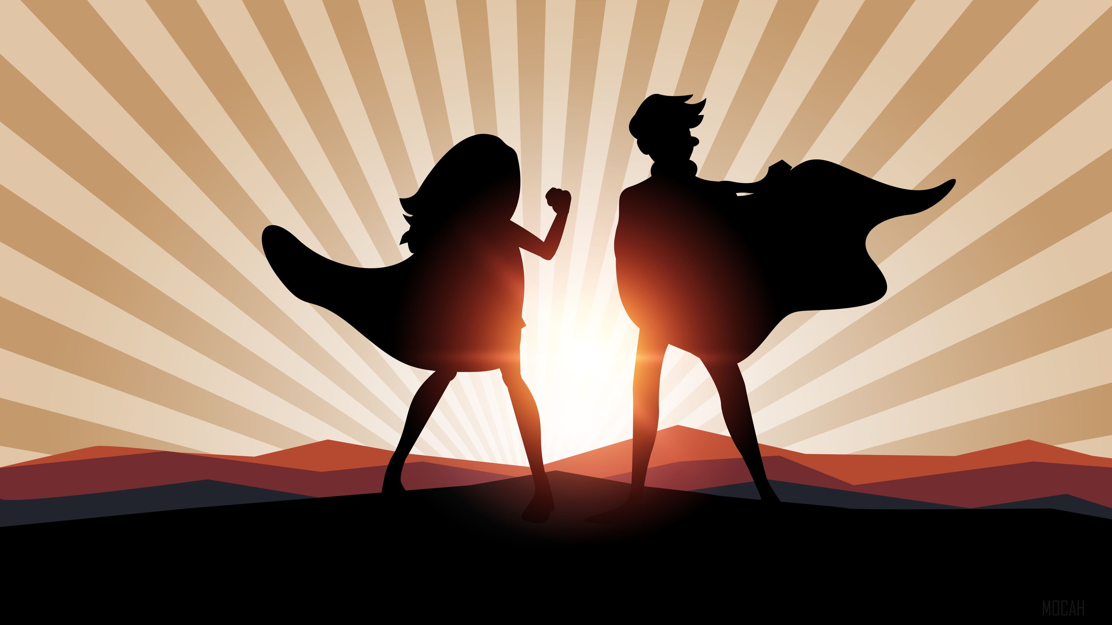 Superheroes with capes against sunburst background 4K HD Wallpaper