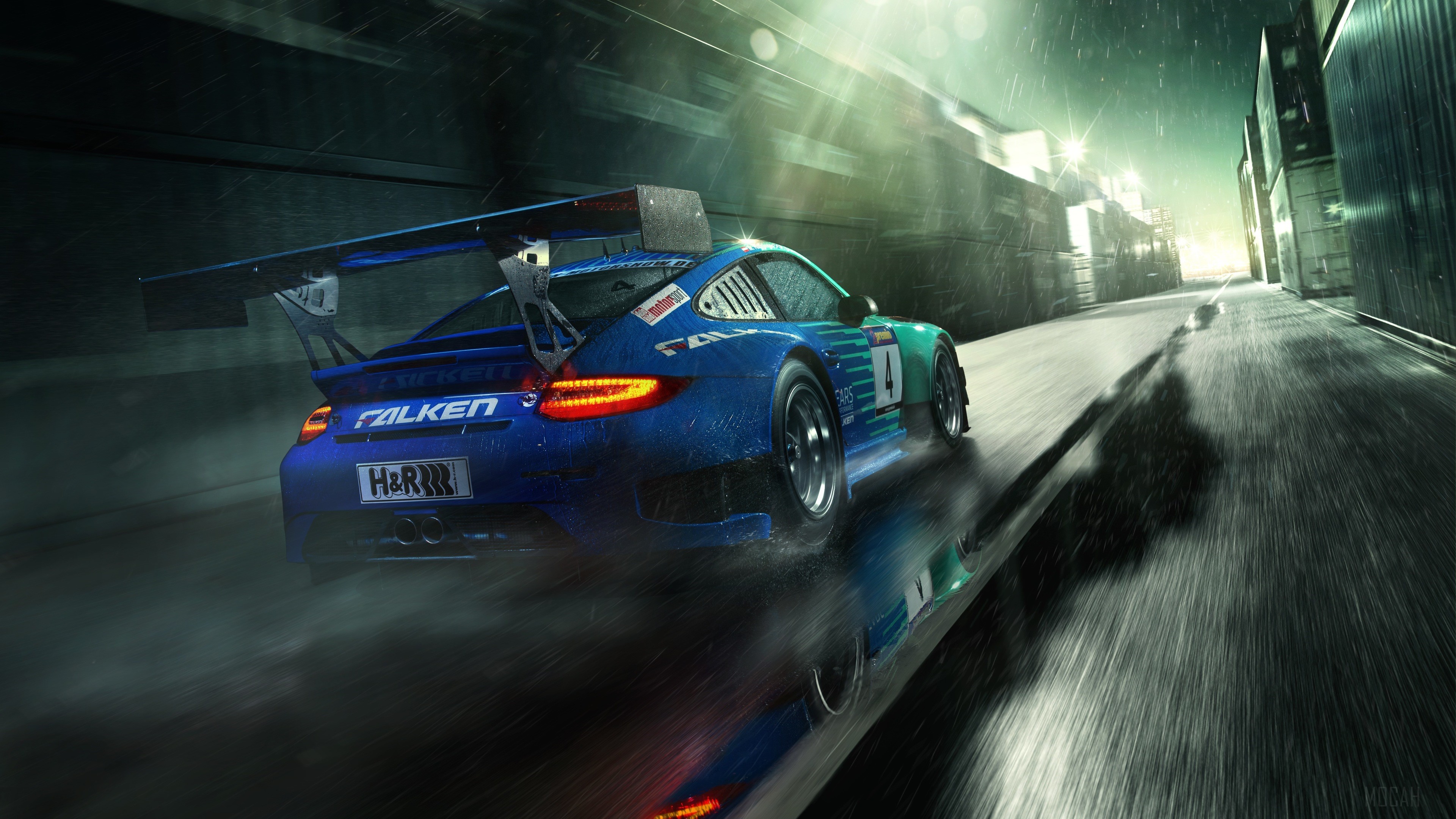 Falken Porsche Race Car in Rain 4K HD Wallpaper