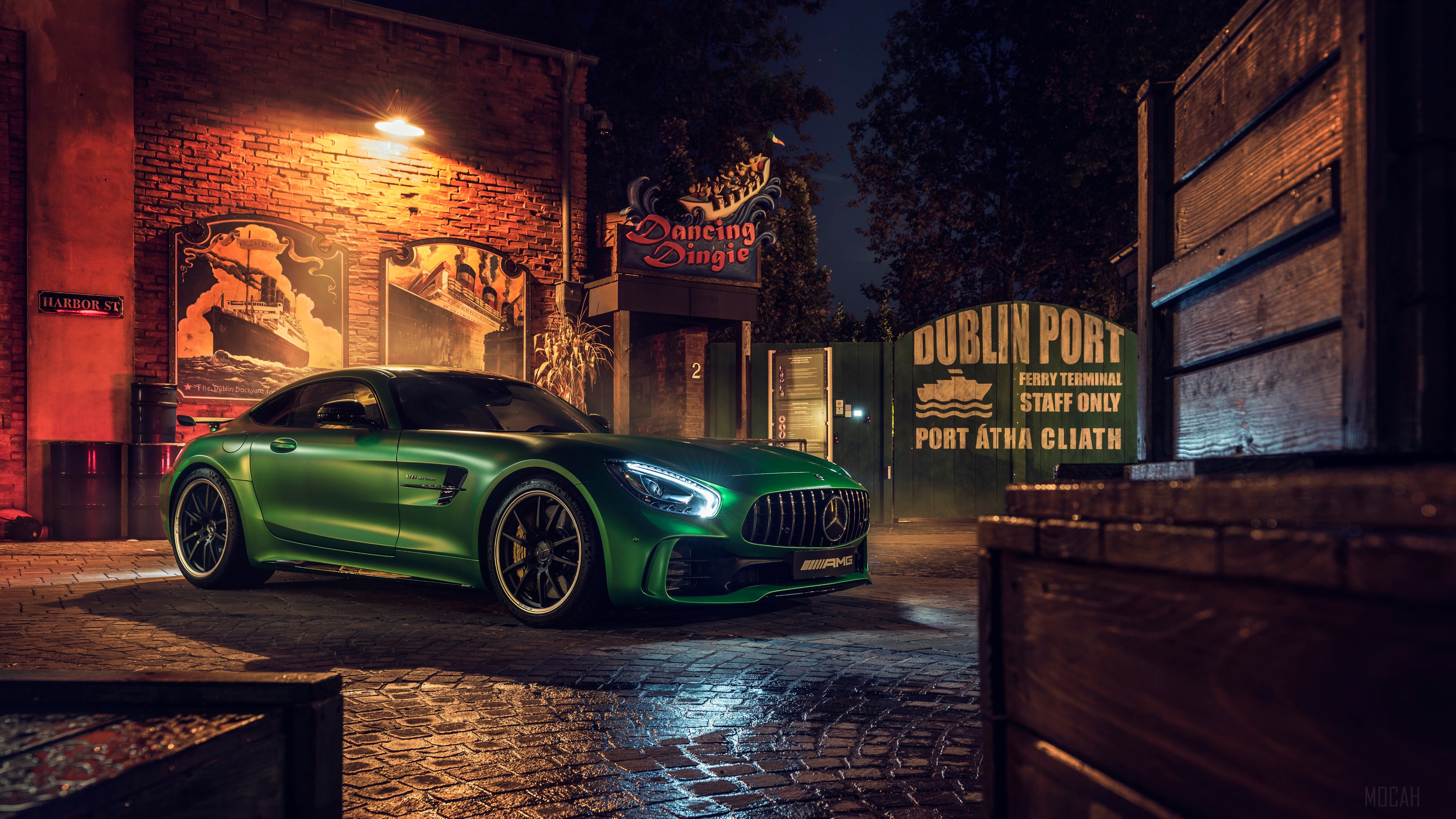 Green Mercedes AMG GT R at Dublin Port HD Wallpaper