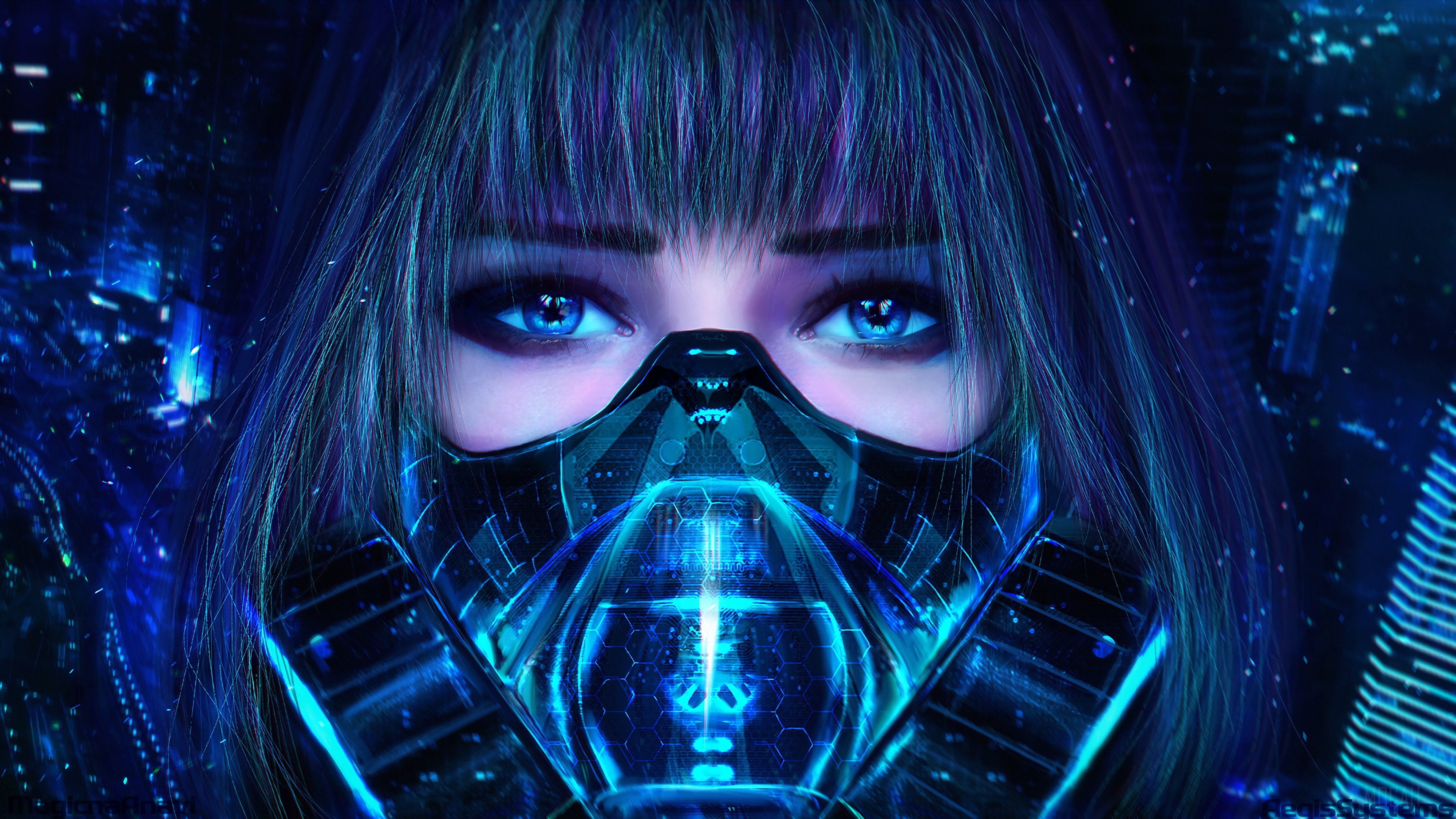 Woman in futuristic mask with blue eyes HD Wallpaper